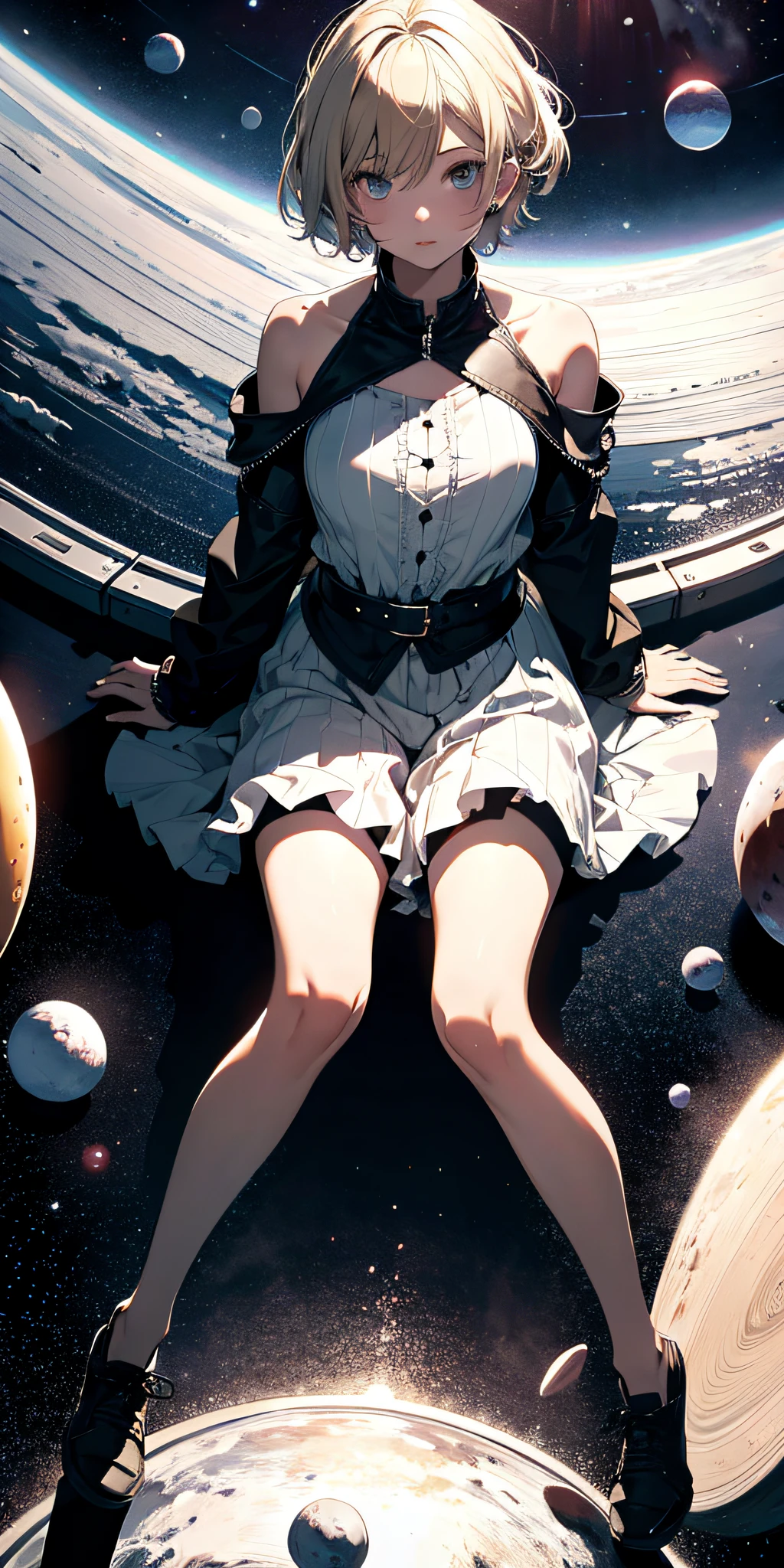 Absurd resolution, high resolution, (masterpiece: 1.4), super detailed, girl alone, from above, space, floating, blonde, petite, short hair
