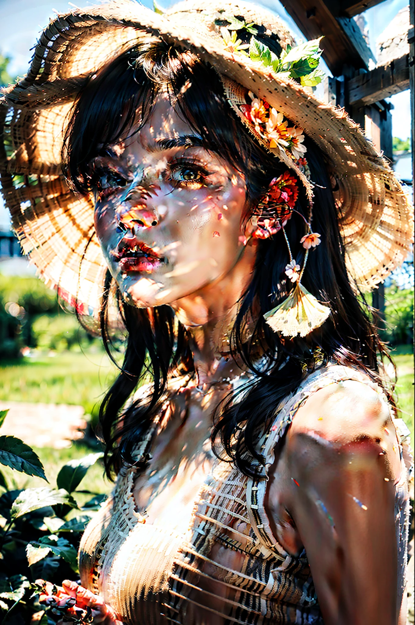 (Extreme Close-up: 1.5), (Face Focus: 2), (Style of???? ??? :1.5),
((Side: 2)), (Girl surrounded by 1 soft_light: 1.5), (Backlight: 1.8), (Lighting), (Flowing Cloth: 1.3), ((Floral_summer_dress: 1.5), (Straw_hat: 1.3)),
(Masterpiece), Realistic, HDR, High Definition, 8k, Raw Photography,
Ambient occlusion, natural and harmonious composition, warm tones, fine art photography, anime style