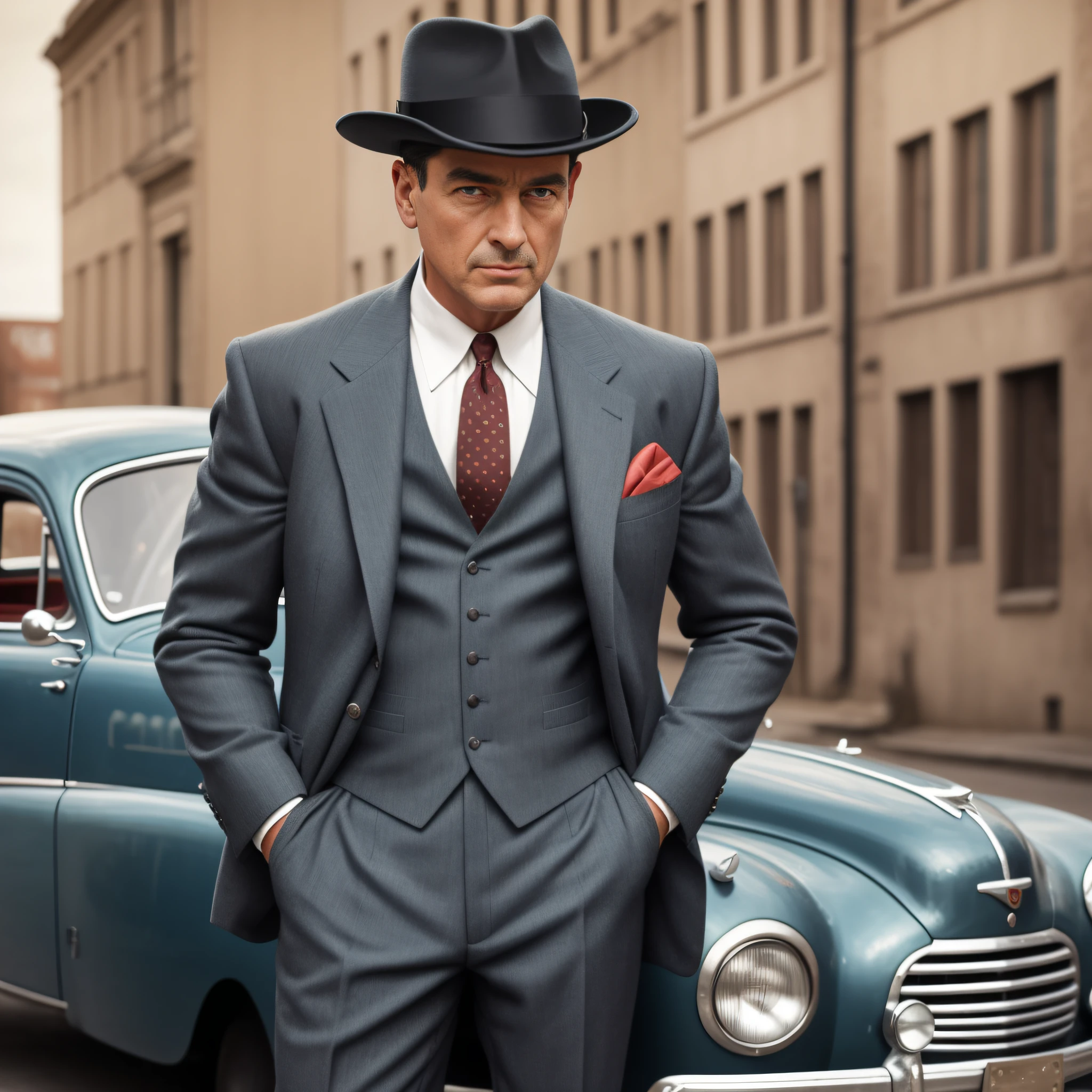 1950, gangster in suit and hat, in front of an old car, buttoning his suit.