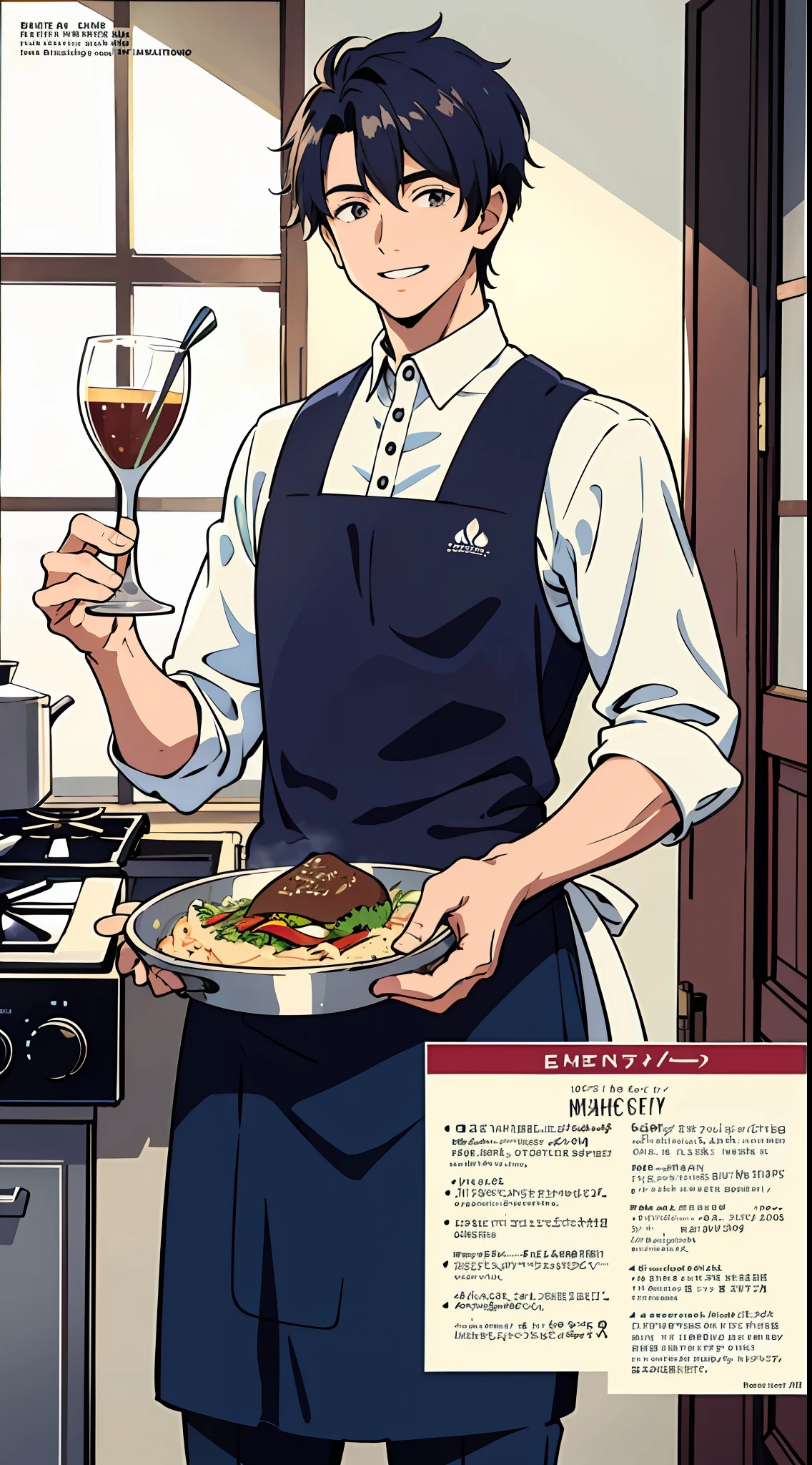 (Best Quality, Masterpiece), Difficult Cooking Magazine Cover, 1boy, 20 years old, stunning, handsome, warm smile, hourglass figure, shredded vest, apron, food, text, chart, advertising, magazine title