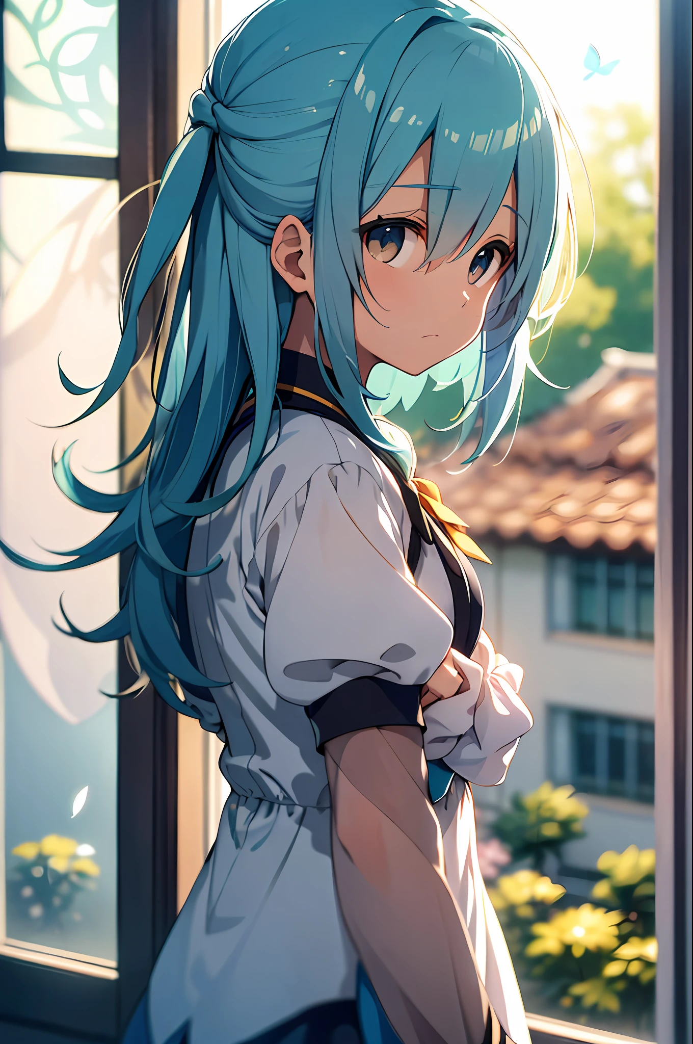 a menina_aqua_konosuba, (outside window:1.1), (outside view:1.1), Third person, fluttering petals, (depth of field, background blurred, blurred, bokeh:1.2)