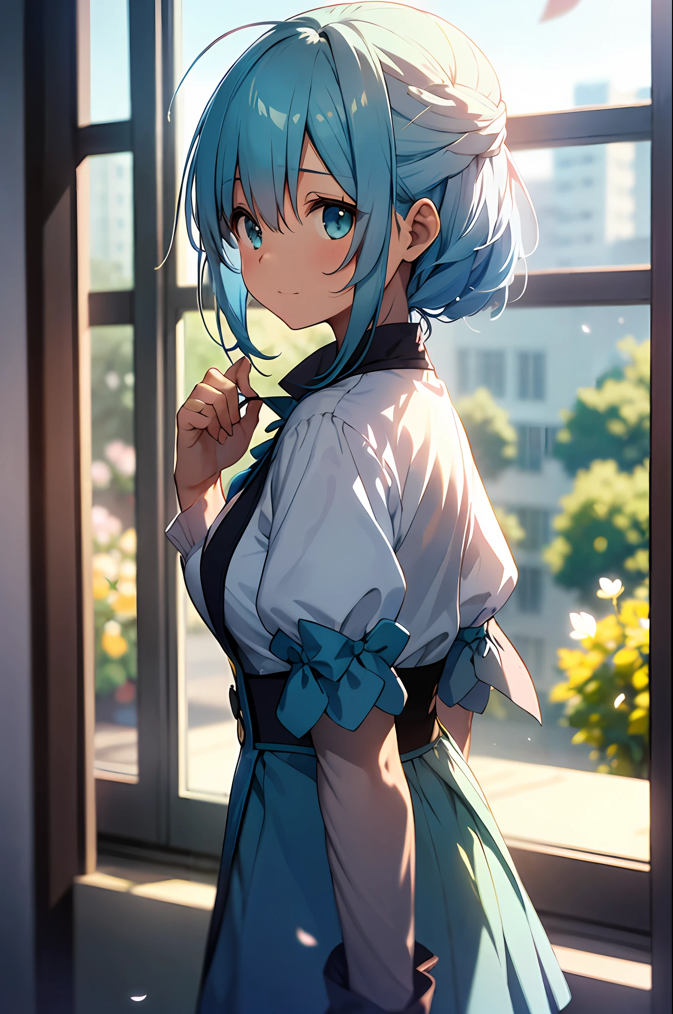 a _aqua_konosuba, (outside window:1.1), (outside view:1.1), Third person, fluttering petals, (depth of field, background blurred, blurred, bokeh:1.2)