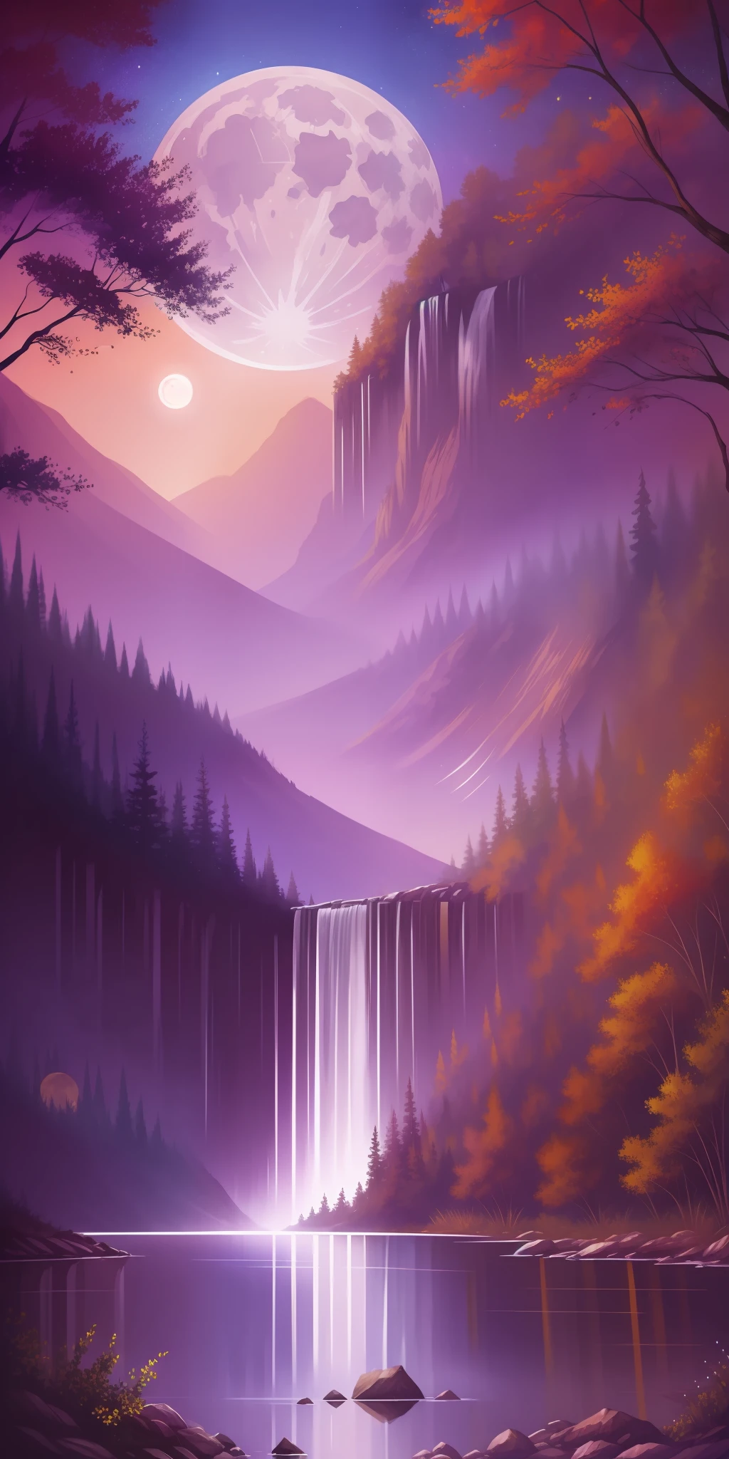 Digital painting, concept art, watercolors,high quality,8k,digital painting,cinematic light,with watercolor of a beautiful night with stars, bright full moon, waterfalls, very well detailed background, masterpiece