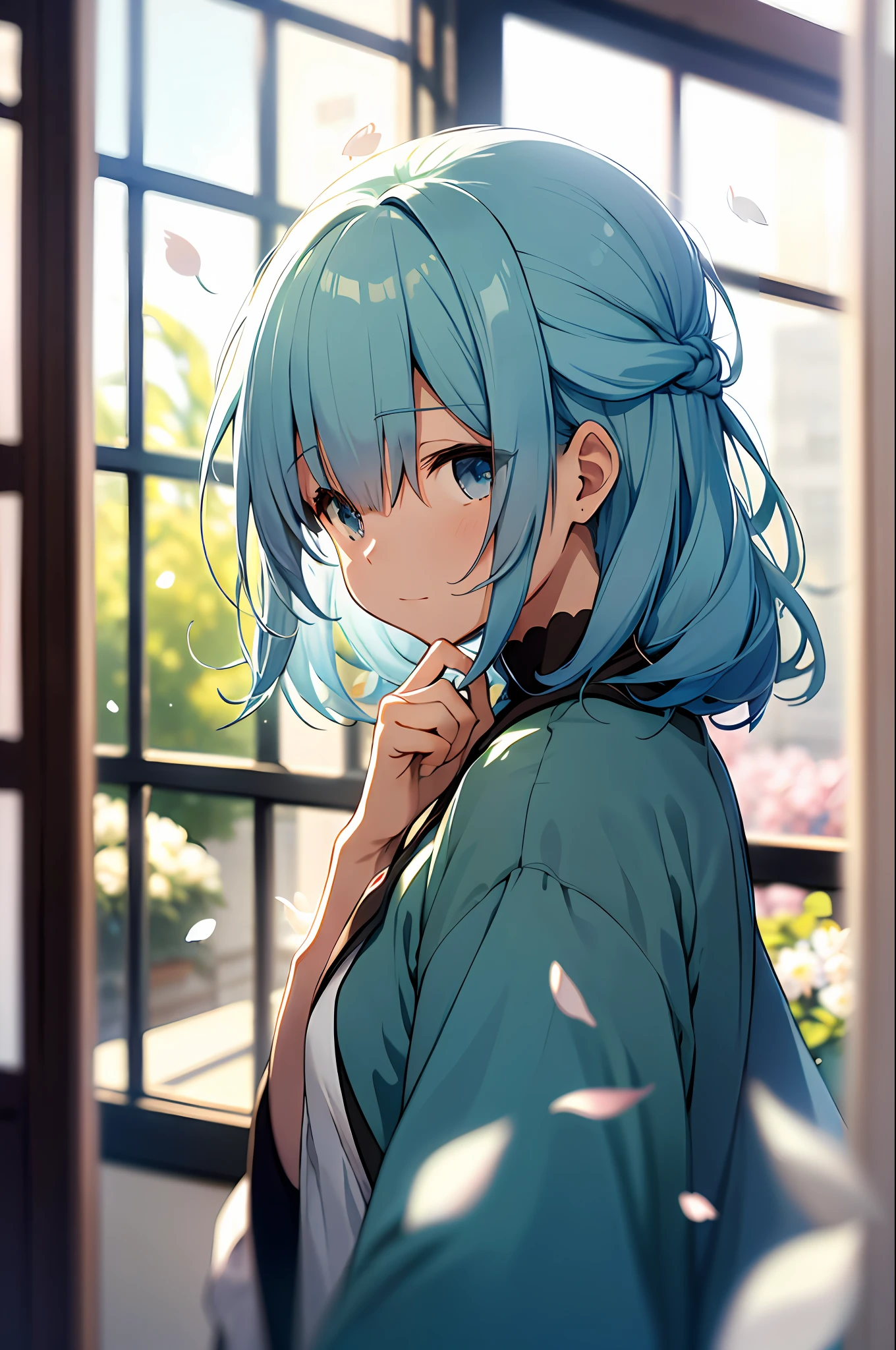 a menina_aqua_konosuba, (outside window:1.1), (outside view:1.1), Third person, fluttering petals, (depth of field, background blurred, blurred, bokeh:1.2)