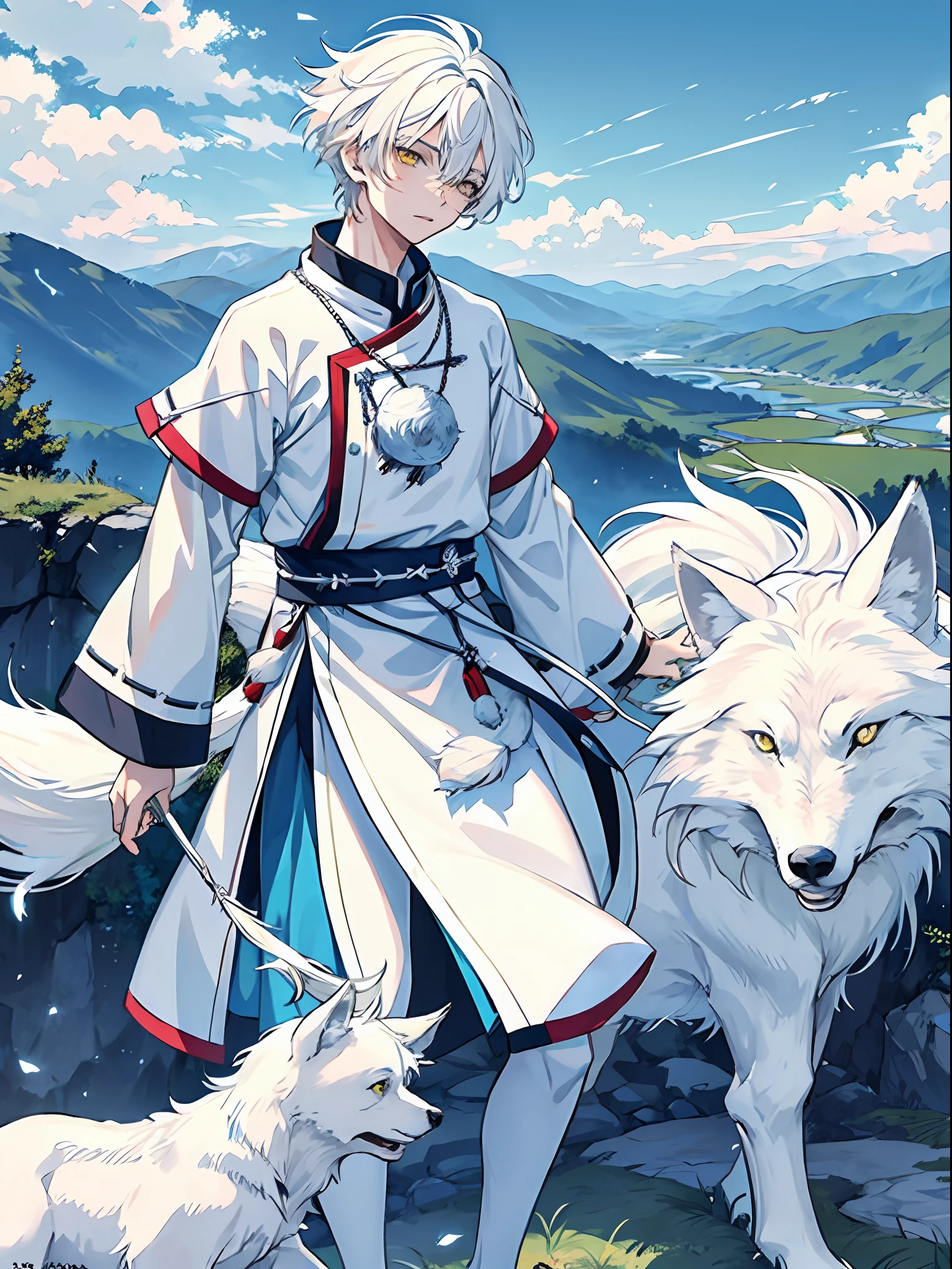 (((young, light-skinned boy, straight white hair, 18 years old)))), he wears white clothes with gray adornments and details, ((((fighting with wind, white wolf spirit, blue magic aura)))), has a tranquil look of brown color, masterpiece, male focus, 1boy, solo, (((mountain village landscape, rice plantation in the mountains, terrace)))), f/1.8, masterpiece, 32K, -- v 6