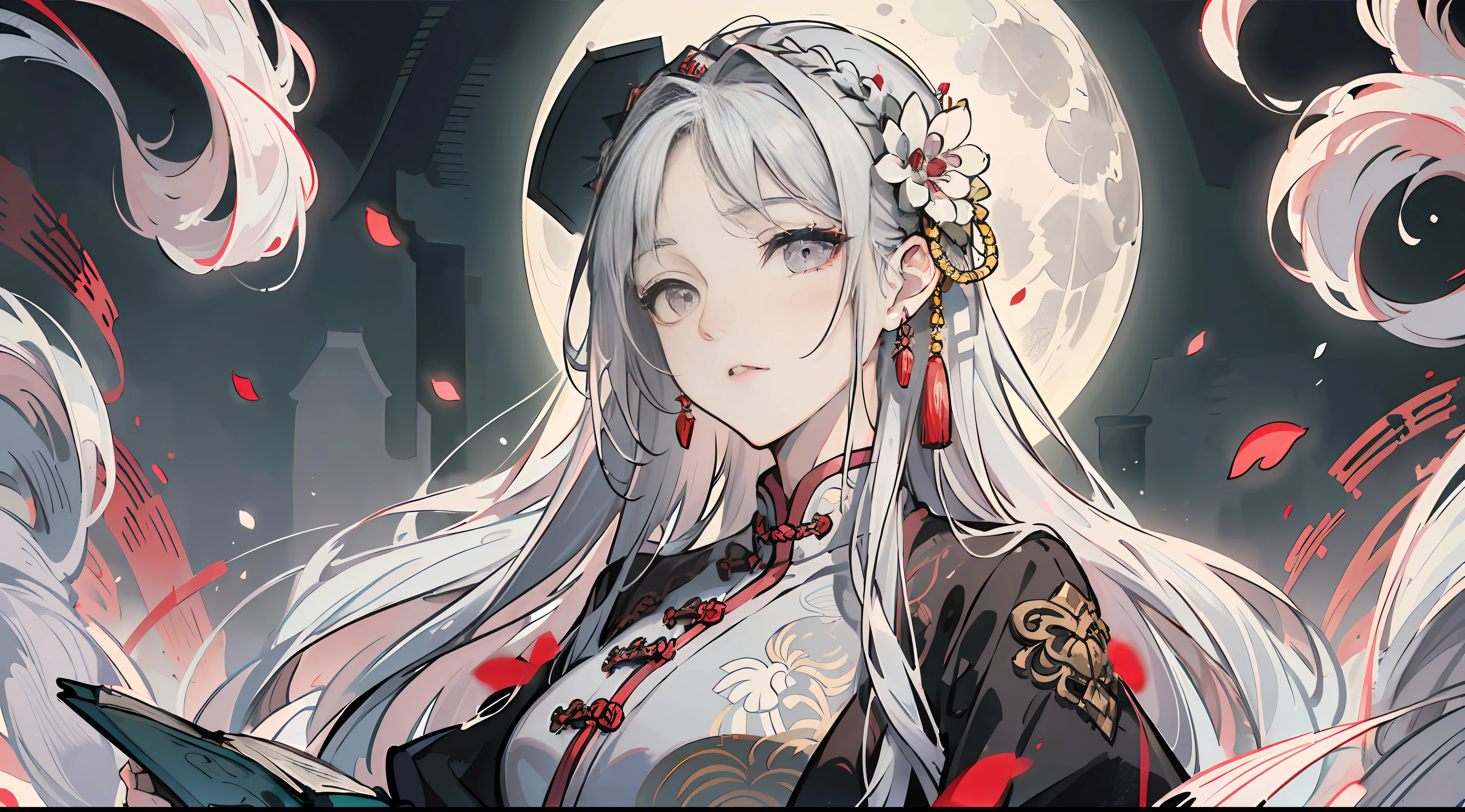 (Masterpiece|Excellent|Chinese Style)+, Ancient China, Mature Woman, Royal Sister, Expressionless, Silver-white long-haired woman, Light pink lips, Intellectual, (Three Bands | Flower Band), Grey Eyes, Assassin, Short Knife, (Full Moon|Night), Calm, (Background|Landscape), Slow Pace Walk --auto --s2