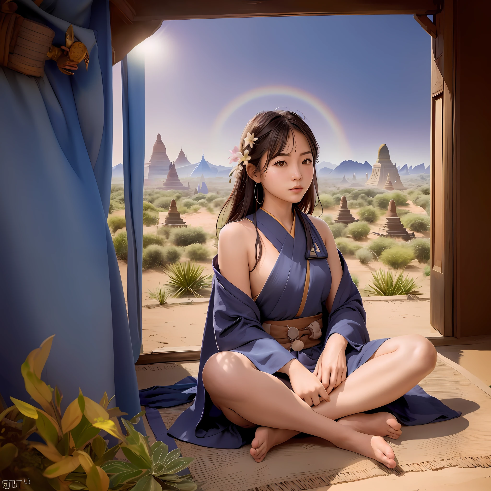 arafed woman sitting on a mat in a desert area, artwork in the style of guweiz, palace ， a girl in hanfu, japanese goddess, ross tran 8 k, beautiful digital artwork, artgerm and ruan jia, trending on cgstation, ross tran. scenic background, artgerm and atey ghailan