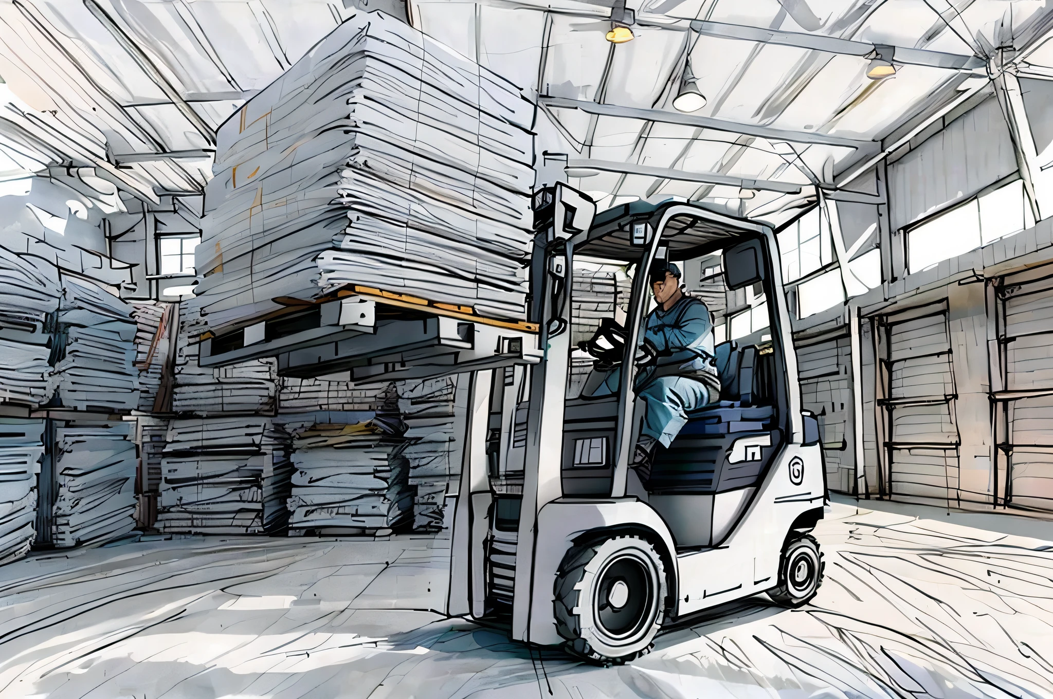 linear, gray, white background, simple background,sketch, sketch,pen_sketch_style,Arafed forklift in stock with stacks of white bags, in warehouse, in warehouse, in warehouse, inside warehouse, warehouses, warehouse, illustration, in dark warehouse, factory, trade warehouses, photo taken in 2 0 2 0, inspect in inventory image, full pallet image, William's warehouse, working hard,  Lots of sunlight, portrait image