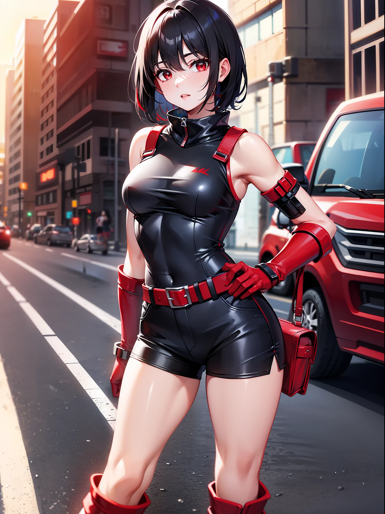 Black hair short, red sleeveless clothes, red shorts, black waist belt, red arm cover, red boots, girl, outdoor