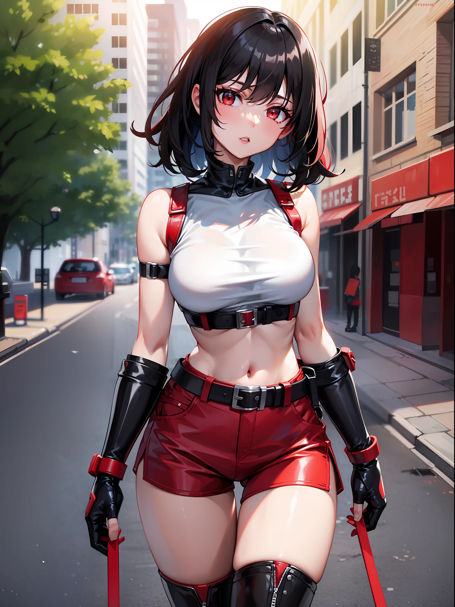 Black hair short, red sleeveless clothes, red shorts, black waist belt, red arm cover, red boots, girl, outdoor