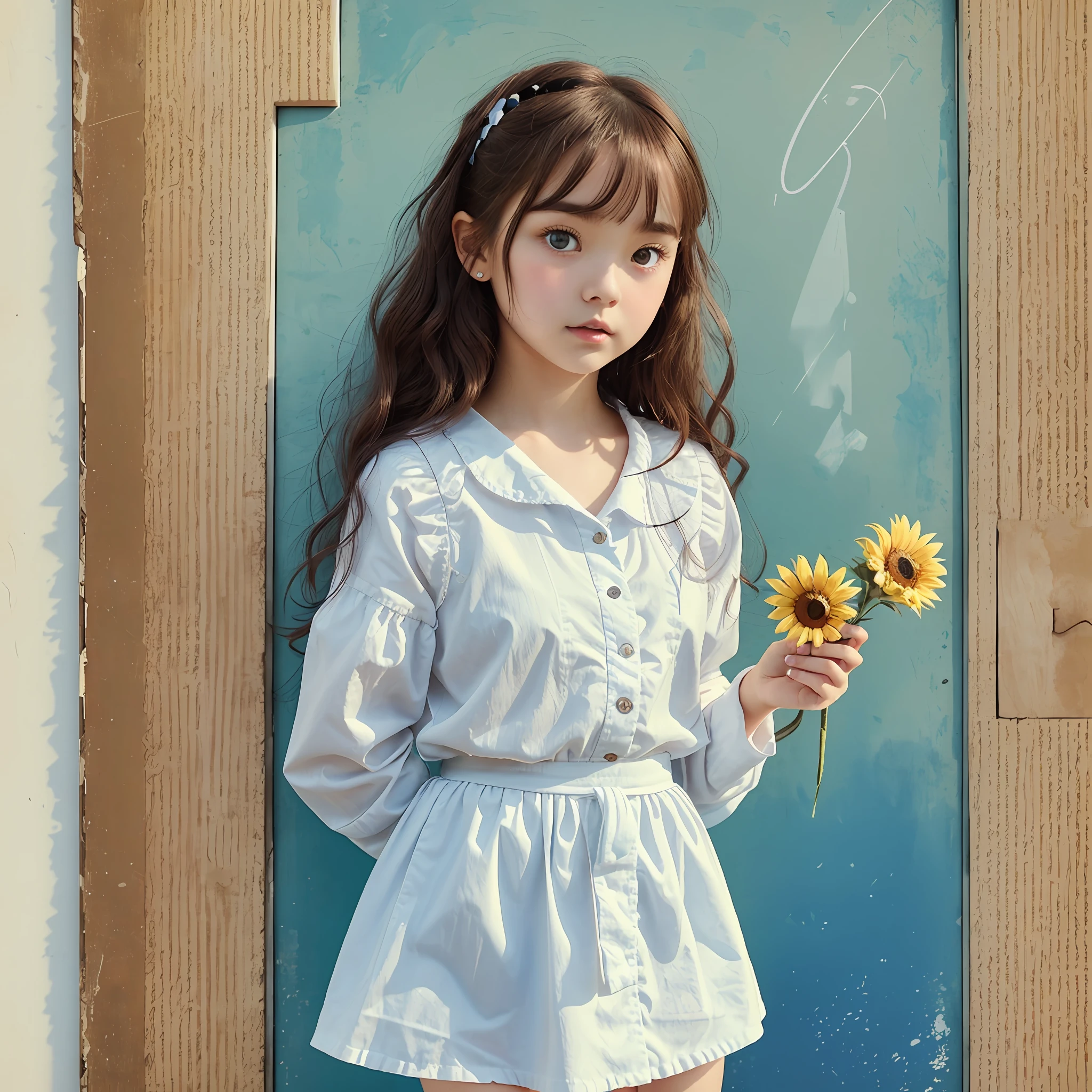 17-18 years old cute little girl, with sketch and line portrait, holding a sunflower, standing still in a clear shooting environment, snow-white skin, thick eyebrows, hair hanging down to the shoulders, broken bangs, embellished with a cute hair card, wearing a blue shirt. The eyes are round, revealing a playful and cute atmosphere. Enjoy the best image quality and produce extreme detail. --auto --s2