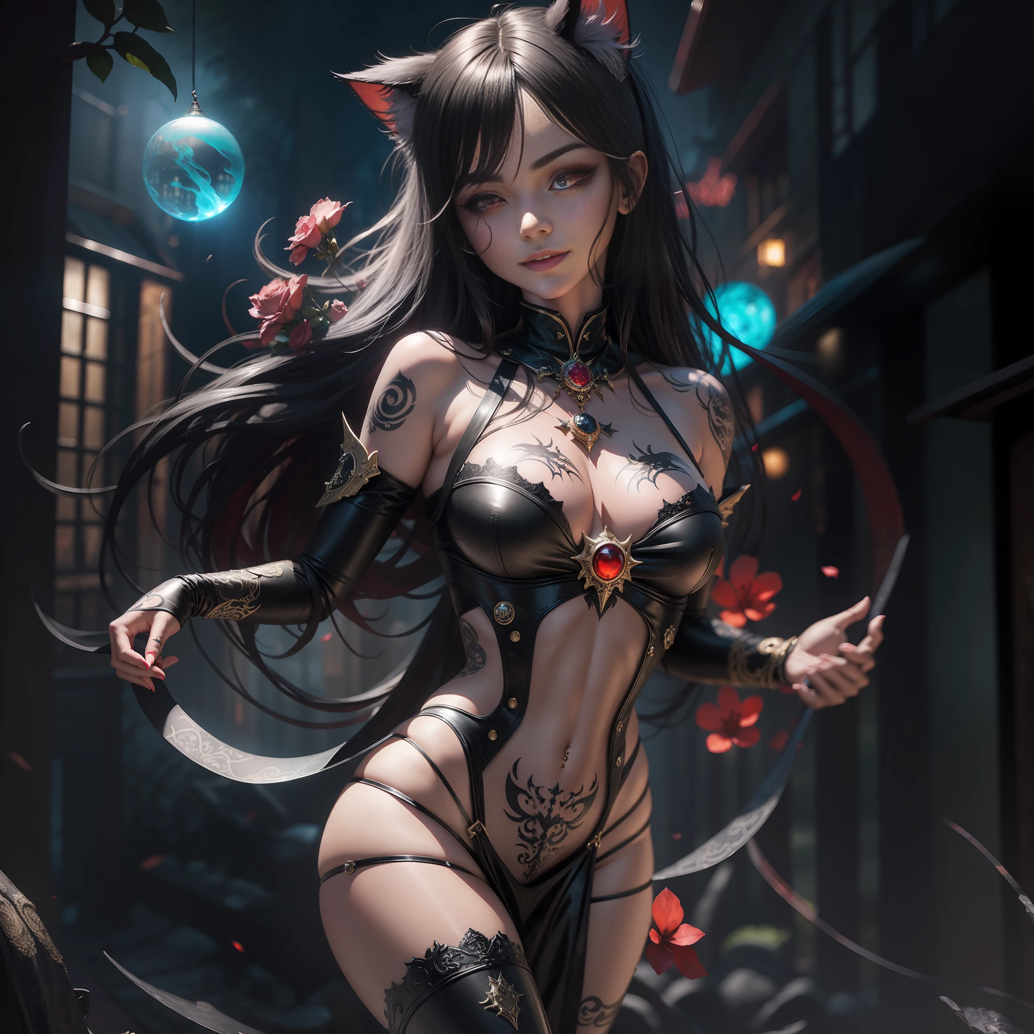 A Masterpiece, Fantasy world, Anime Style, Very Attractive, Black cat Girl Mage, Perfect Red eyes, In a Fantasy City, Tattoos,  Perfect Face, Perfect Body, Detailed and Intrincicate, Photoshoot, HD, Smilling, Bioluminicense
