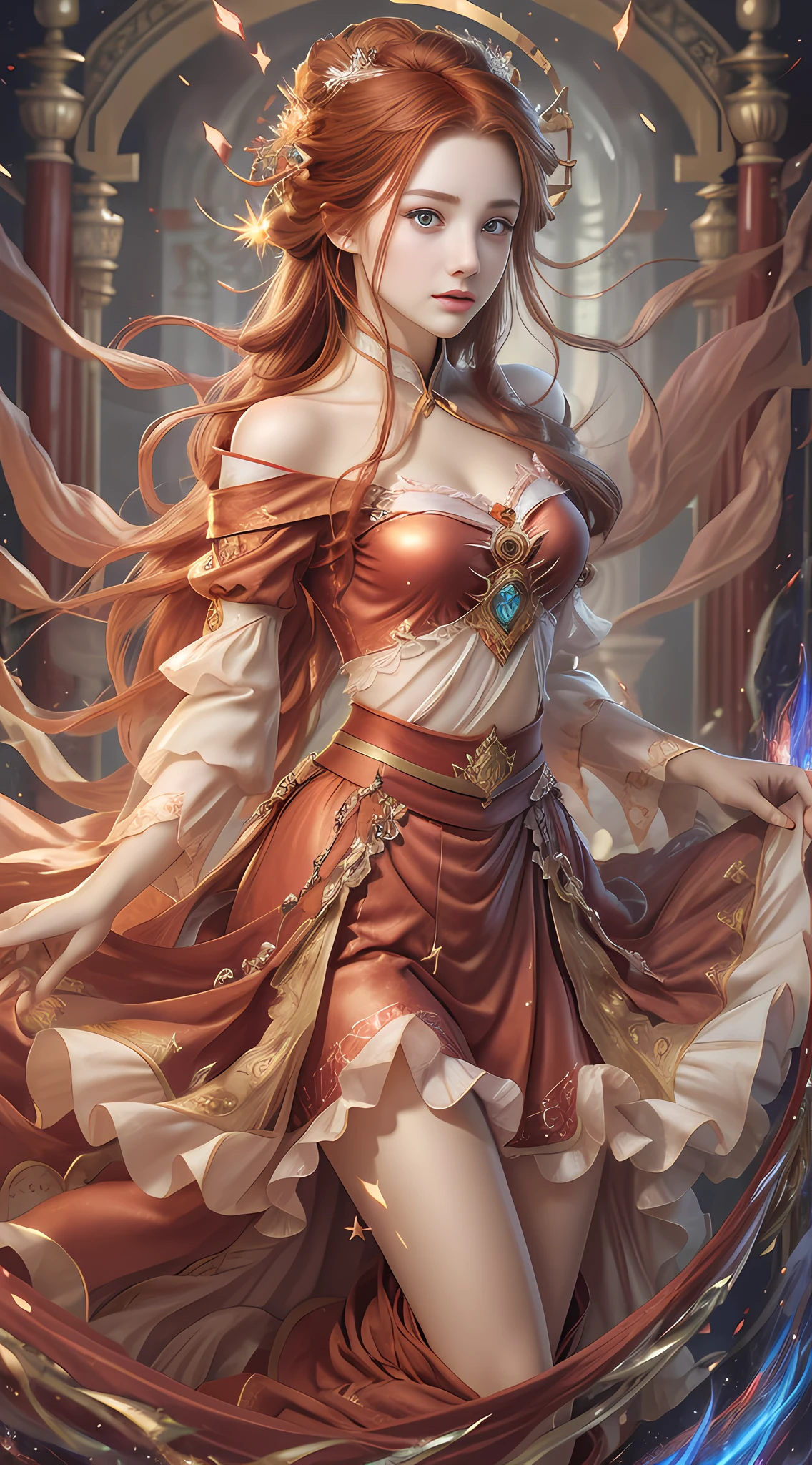 Masterpiece, top quality, best, official art, beautiful and aesthetic, long exposure: 1.2, smooth movement, palace, charming pattern, 1 girl, (long skirt with sleeves: 1.3), ((red hair red clothes red glitter eyes))), upper body close-up, no shoulders, Chinese girl, blush, black lob hair, portrait, solo, close-up, gaze observer, detailed background, detailed face, (crystallineAI, crystalline Theme: 1.1), Elemental Fire Sprite, Spin Flame, Control Flame, Red Clothes, Dynamic Pose, Floating Particles, Ethereal Power, Flame, Vapor, Ethereal Atmosphere --Naji5 --AR4:3 --S750 --Q2 --v6