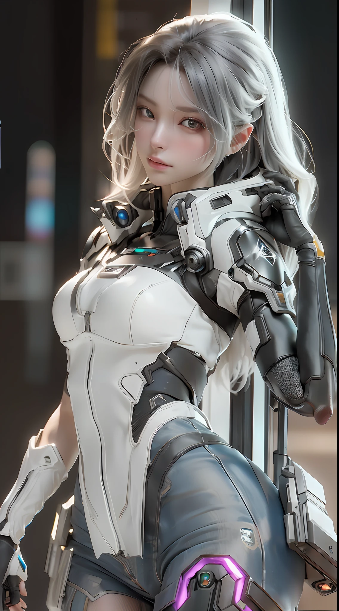 ((Best quality)), ((masterpiece)), (detailed:1.4), 3D, an image of a beautiful cyberpunk female,HDR (High Dynamic Range),Ray Tracing,NVIDIA RTX,Super-Resolution,Unreal 5,Subsurface scattering,PBR Texturing,Post-processing,Anisotropic Filtering,Depth-of-field,Maximum clarity and sharpness,Multi-layered textures,Albedo and Specular maps,Surface shading,Accurate simulation of light-material interaction,Perfect proportions,Octane Render,Two-tone lighting,Wide aperture,Low ISO,White balance,Rule of thirds,8K RAW,