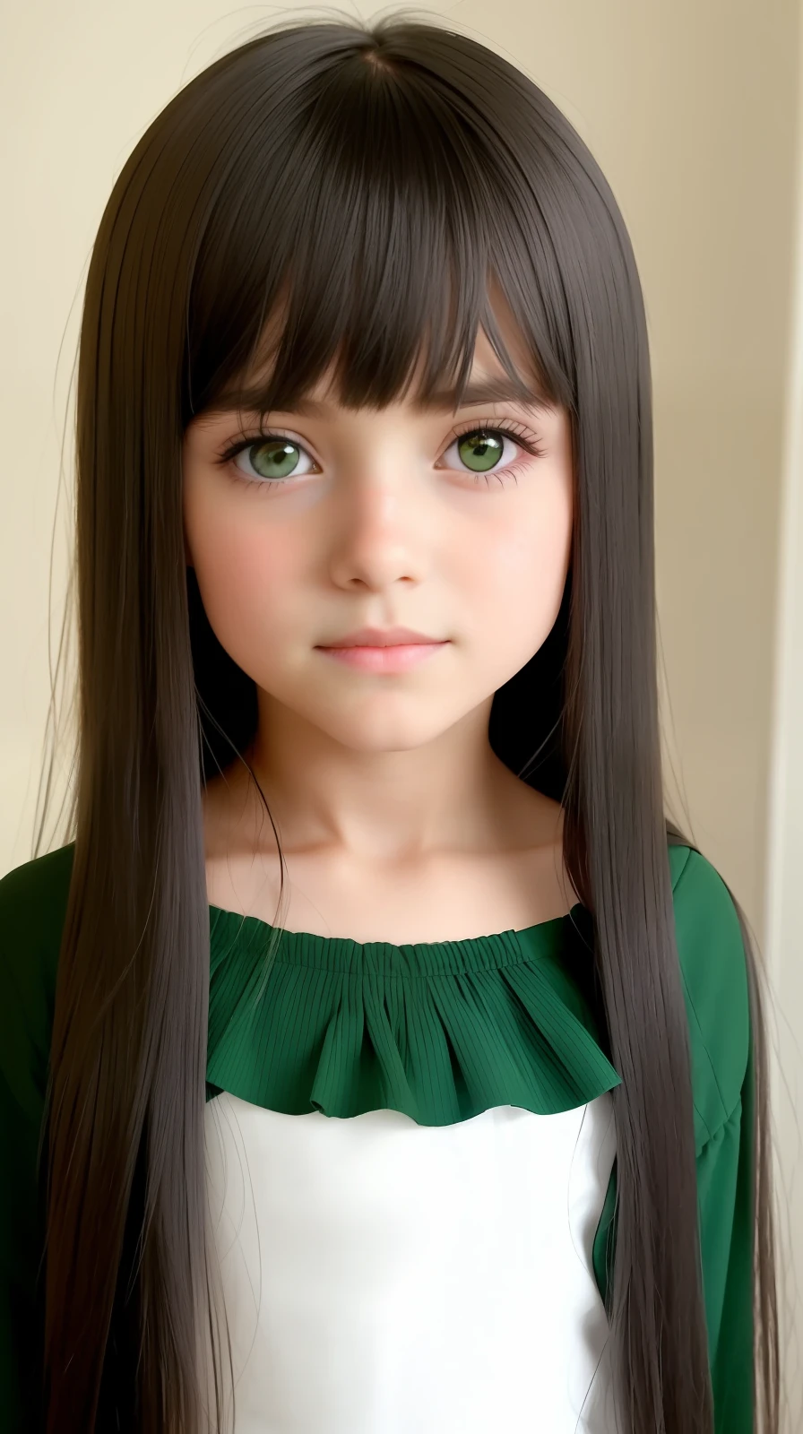 Girl 8 beautiful straight hair drained black long green eyes