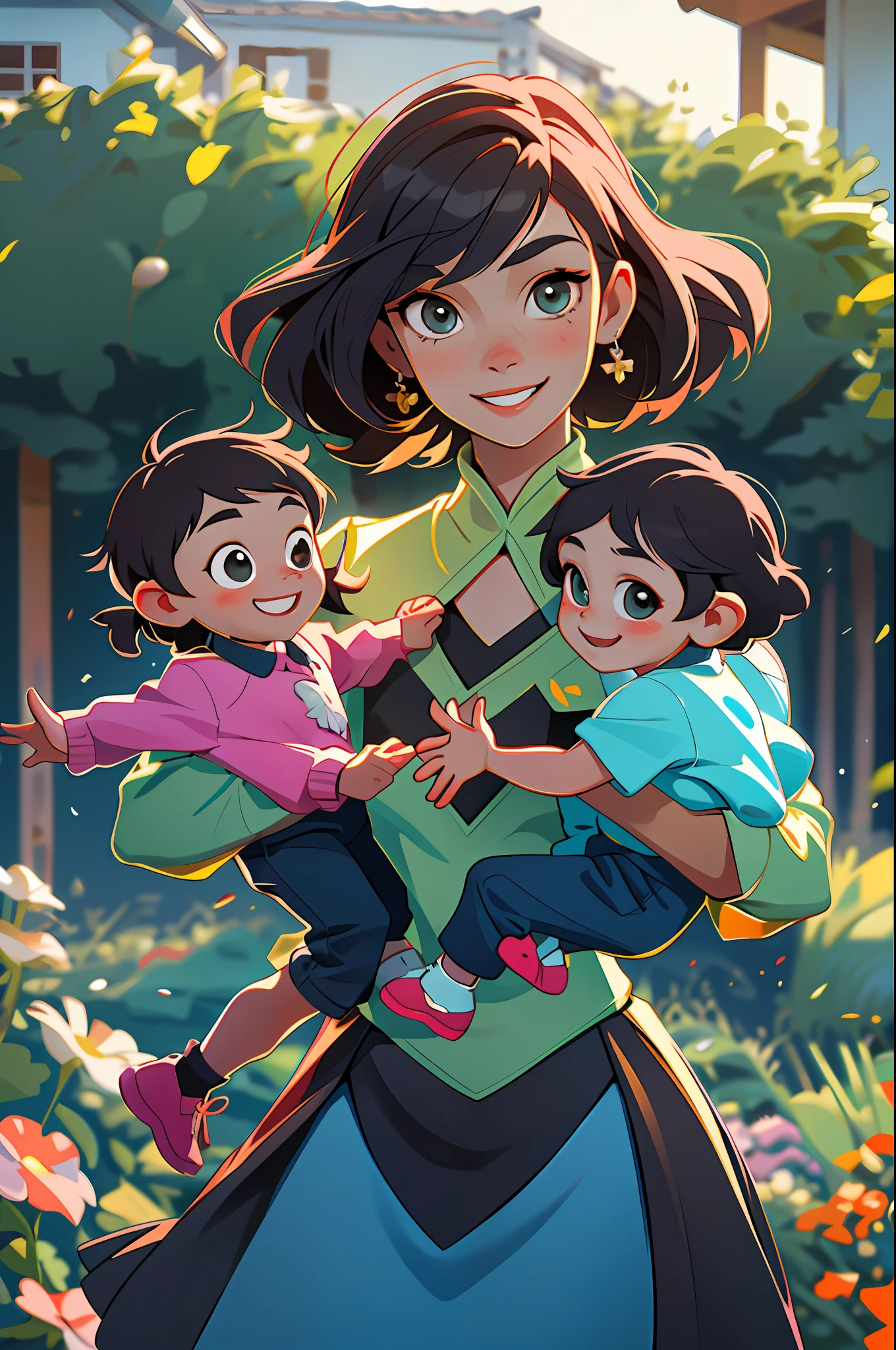 (masterpiece, best quality), family photo, looking at viewer, happy, blurry