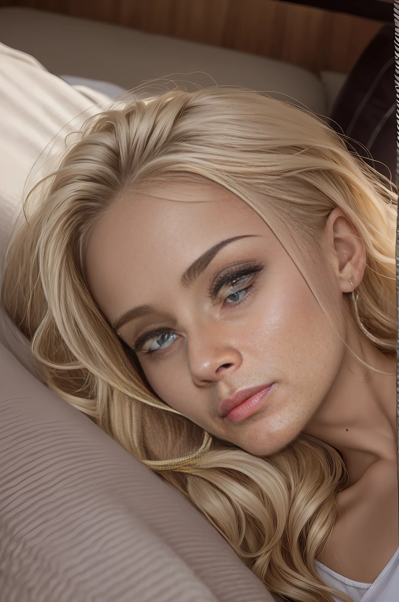 absurdres, RAW photo, highest quality, (masterpiece: 1.3), high detail RAW color photo, professional photo, extremely detailed CG 8k wallpaper unit, photo-realistic, realistic, RAW photo, masterpiece, best quality, highres,
1girl, 19 YEARS OLD, white, blonde hair, wavy, Average length, unkempt hair, beautiful body, perfect gorgeous face, beautiful light brown realistic eyes, fair skin, detailed skin texture, very small natural breasts. Serious. Guy who just woke up. Lying on a couch with a blanket. Selfie angle. (Sleepwear, simple design). An ordinary house, small, dark. Correct eyes.