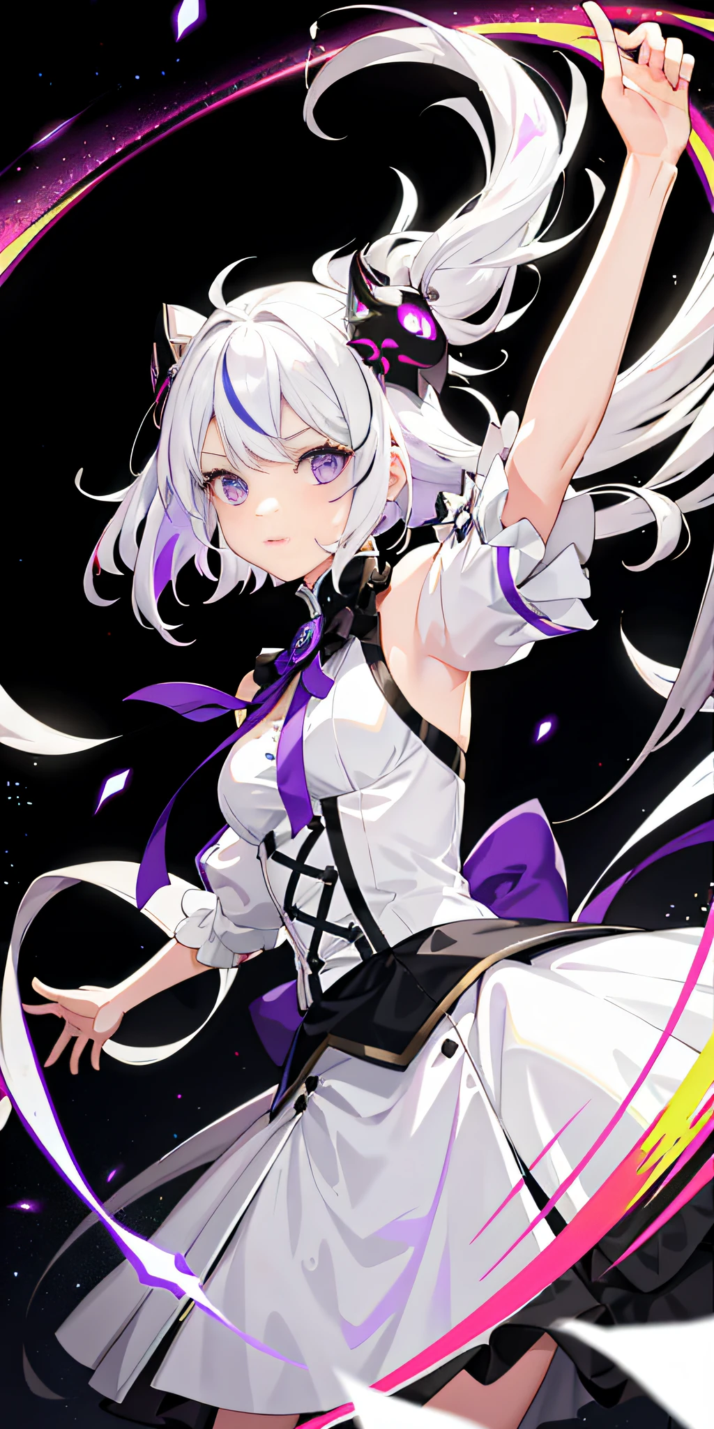 1girl, white hair, multicolored hair, purple eyes, mask on head, sidelighting, light particles, wallpaper,