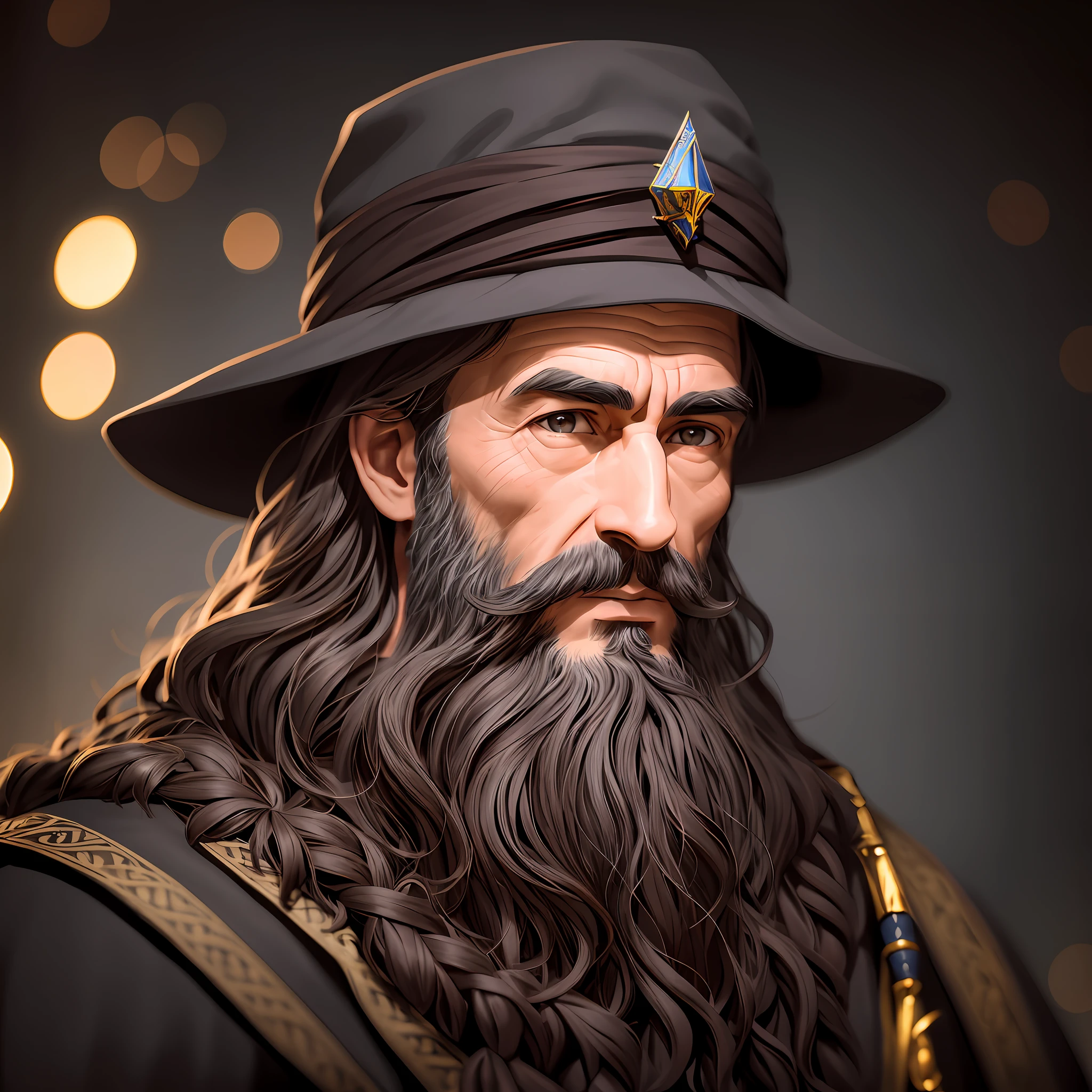 A portrait of a wizard, wise, small, dark beard, 40 years old, with piercing brown eyes, very detailed face, high details, photography, dark studio, rim light, Nikon D850, 50mm, f/1.4 --auto --s2