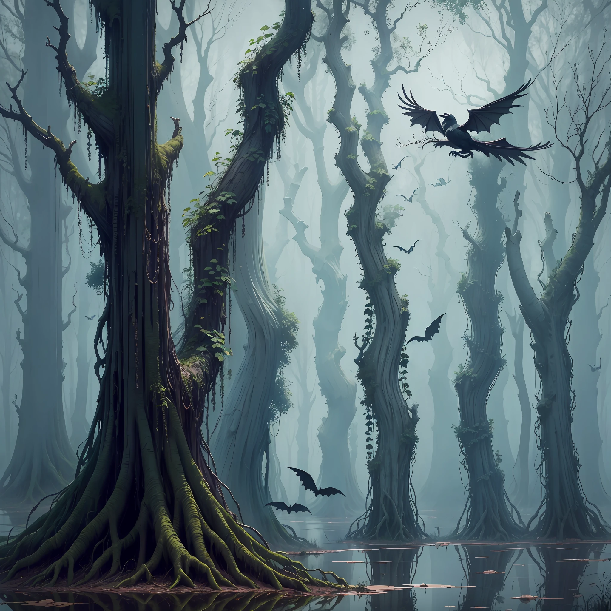 Gloomy swamp, old trees, fog, crows, bats, --auto --s2