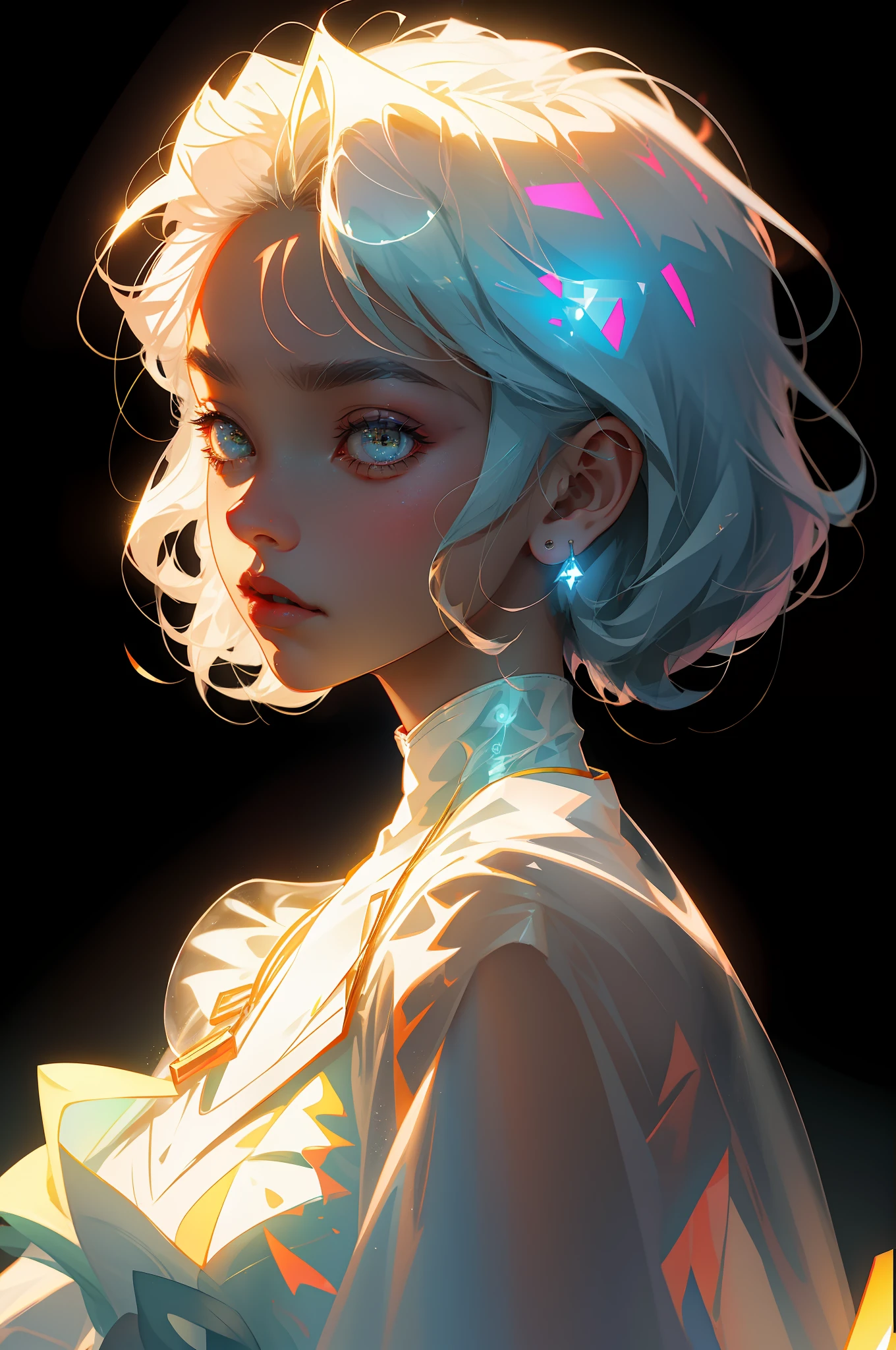The highest quality, the perfect masterpiece, perfect art, official works, 8K,
(Top body portrait: 1.5), (seen from side: 1.5), close-up lens,
White-haired girl, (hakuhatsu: 1.3), (white transparent luminous eyes: 1.5), (white transparent clothing: 1.5), classic retro clothing, (black background: 1.3),
pearl illusion, cyberpunk, high definition, detail representation, c4d, 3d, octane rendering, ray tracing, complex details, animated lighting, OCrenderer, pastel art style