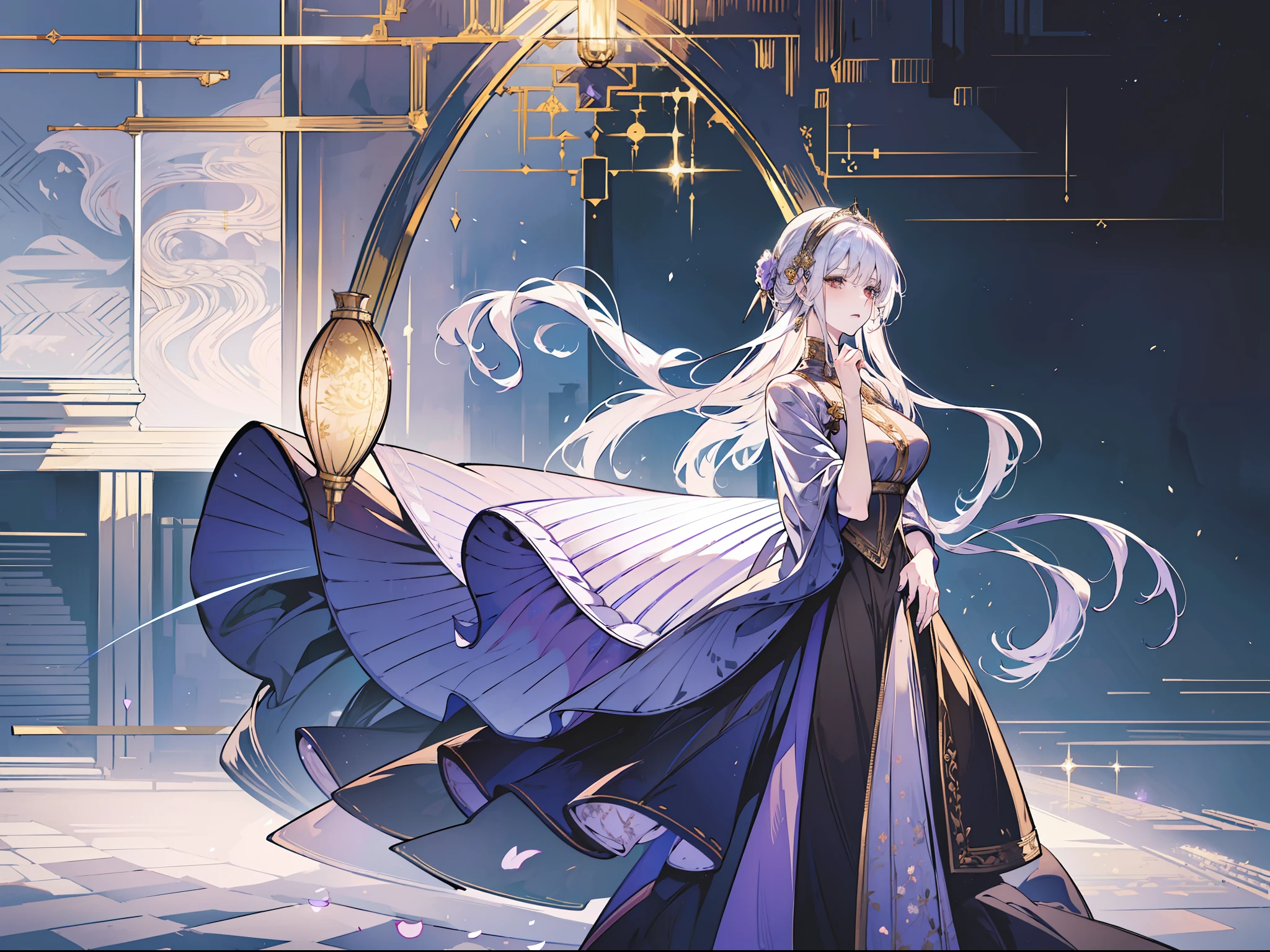 (absurd, high resolution), (panorama), a woman, mature, beautiful, tall, queen's dress, lilac complex dress, exquisite, brown eyes, pale blonde hair, wearing a silver crown on her head, expression painful, in the palace, resplendent, magical, antique, holding a long golden delicate wand, far view, full body, slightly bowed, side view