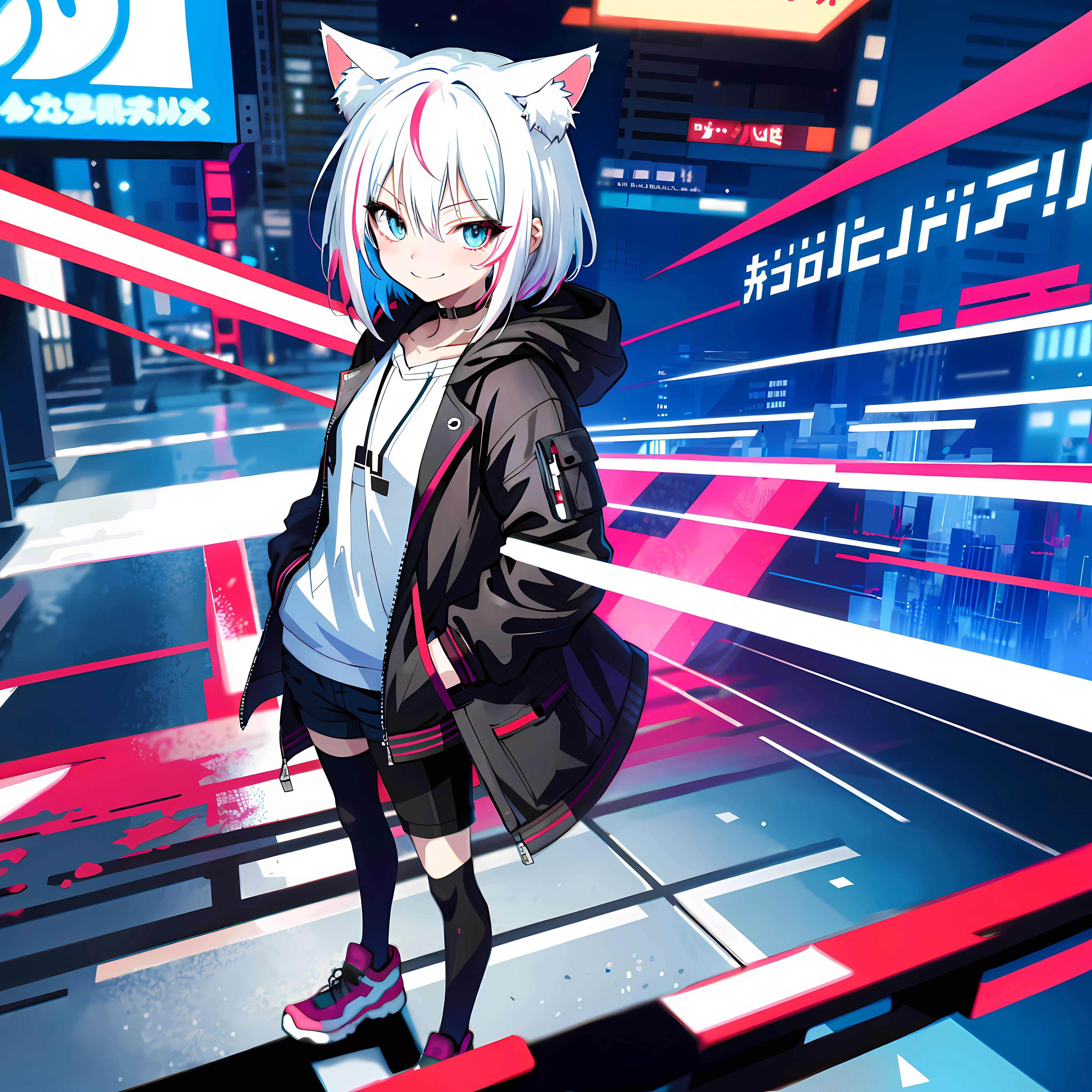 (best quality, ultra detailed :1.1),
anime art ,glitch art, cityscape,vivid color,vivid ink, one girl with white medium hair,cat ear, looking at viewer, smirk, white and black hoodle, street,hands in pockets