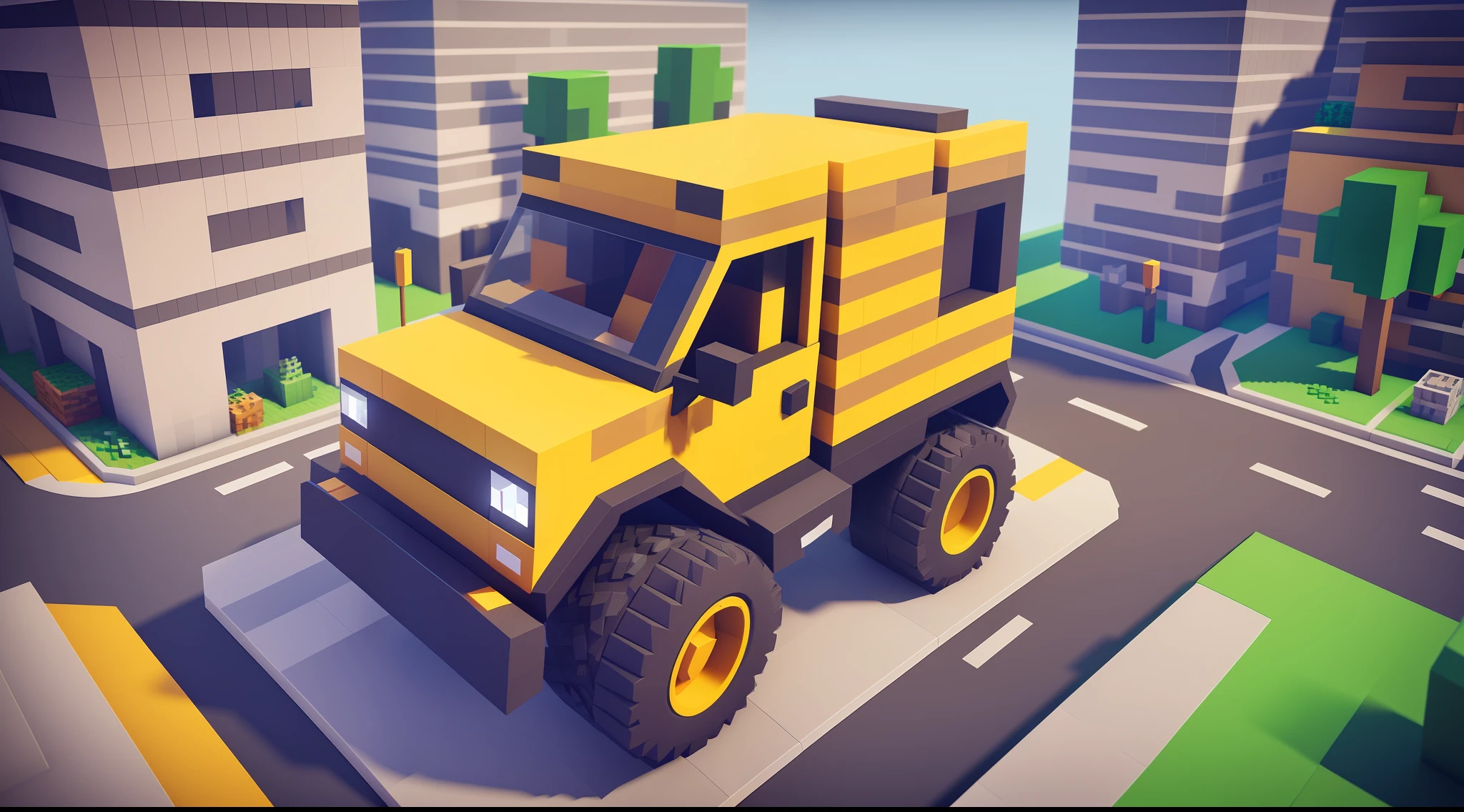 There's a yellow construction vehicle driving through a city, the front of that vehicle has a minecraft mob, the creeper, creeper looking at you, super detailed rendering, high quality voxel art, super detailed color lowpoly art, animation style rendering, voxel art, excavator earth, a low poly rendering, voxels, 8k rendering, daily rendering, low poly rendering,  3D low poly rendering, 3D low poly rendering, hyper-detailed sharp rendering