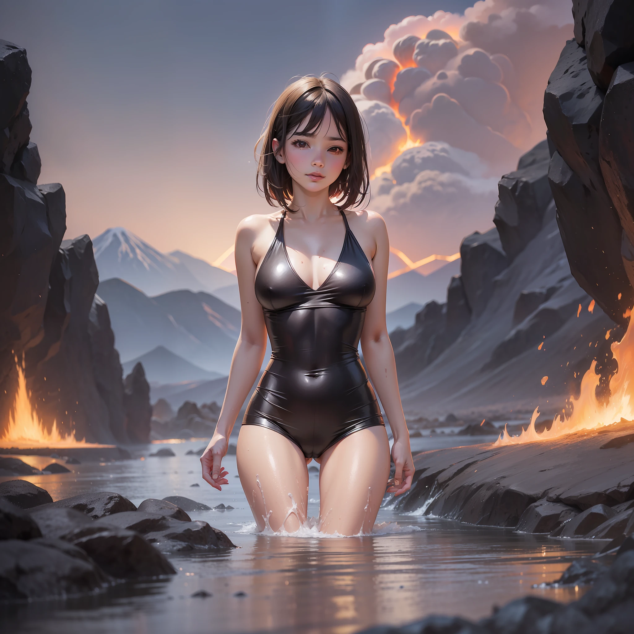 A girl, in magma, bathing, bathing with magma, volcano background