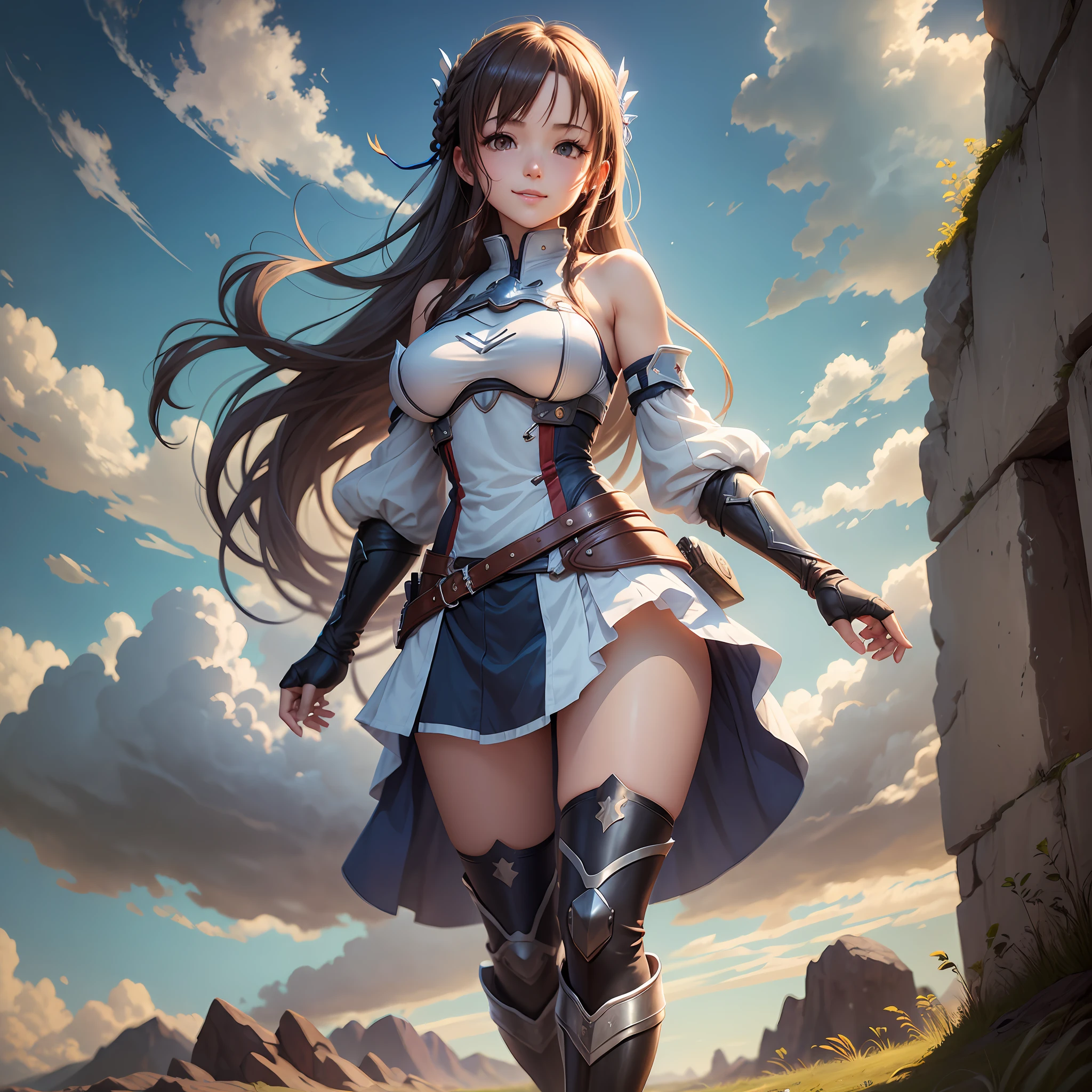 1girl, asuna_\(sao\), bangs, bare_shoulders, blue_sky, blush, boots, braid, breastplate, breasts, brown_eyes, opened_mouth, cloud, cloudy_sky, day, detached_sleeves, grass, hair_between_eyes, long_hair, looking_at_viewer, mountain, outdoors, rock, dancing, thin skirt, sky, smile, solo, , very_long_hair, big boobs,( clothes see through 1.2), Fantasy anime lighting, fantasy anime, NSWF, Nude --auto --s2