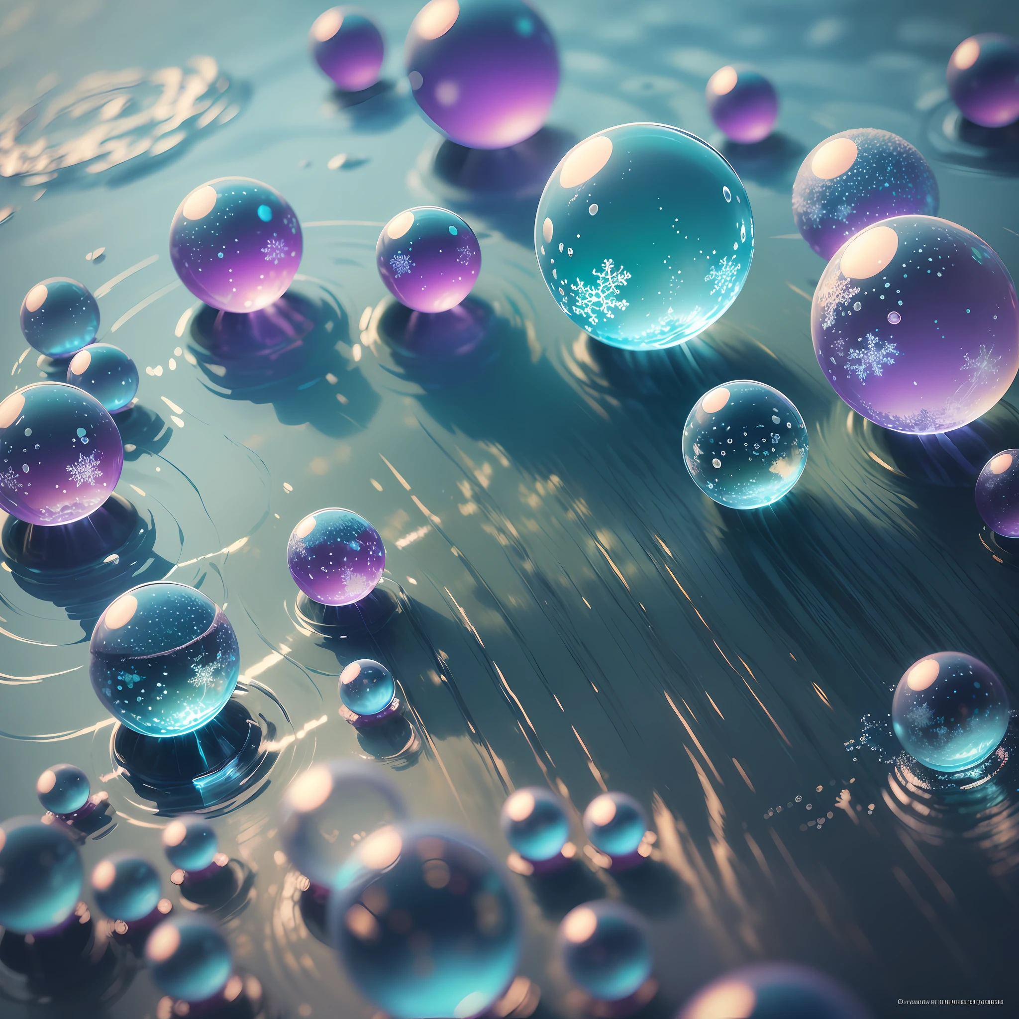 Computer volumetric graphics, realistic fantasy, Extensive landscape ultra photography (general view showing soap bubbles, water, circles on the water, ice crystals, snowflakes,), blurred background, warm, shade of turquoise background, shade of blue and green, a little purple, airy color, magic --auto --s2