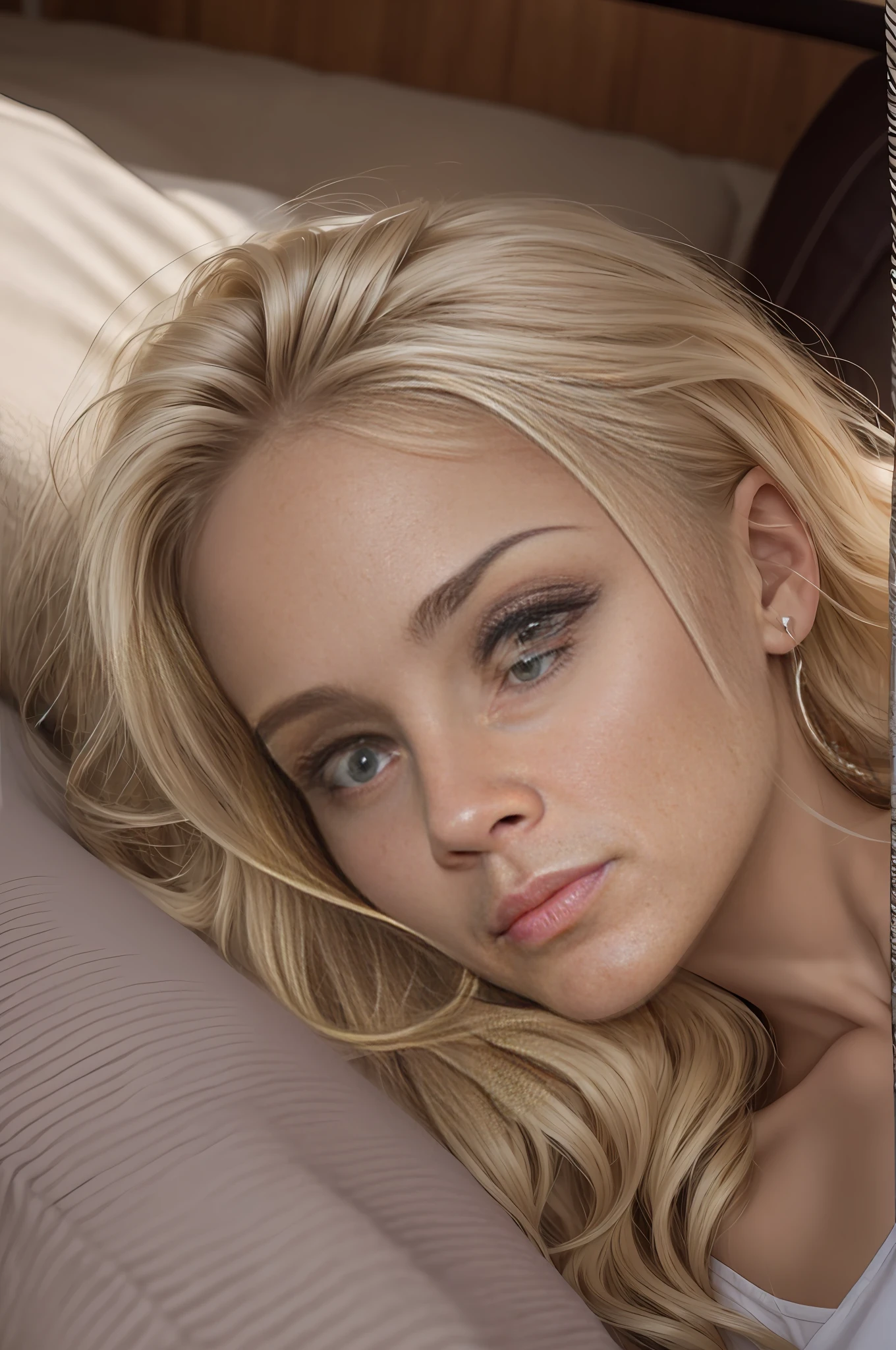 absurdres, RAW photo, highest quality, (masterpiece: 1.3), high detail RAW color photo, professional photo, extremely detailed CG 8k wallpaper unit, photo-realistic, realistic, RAW photo, masterpiece, best quality, highres,
1girl, 19 YEARS OLD, white, blonde hair, wavy, Average length, unkempt hair, beautiful body, perfect gorgeous face, beautiful light brown realistic eyes, fair skin, detailed skin texture, very small natural breasts. Serious. Guy who just woke up. Lying on a couch with a blanket. Selfie angle. (Sleepwear, simple design). An ordinary house, small, dark. Correct eyes.