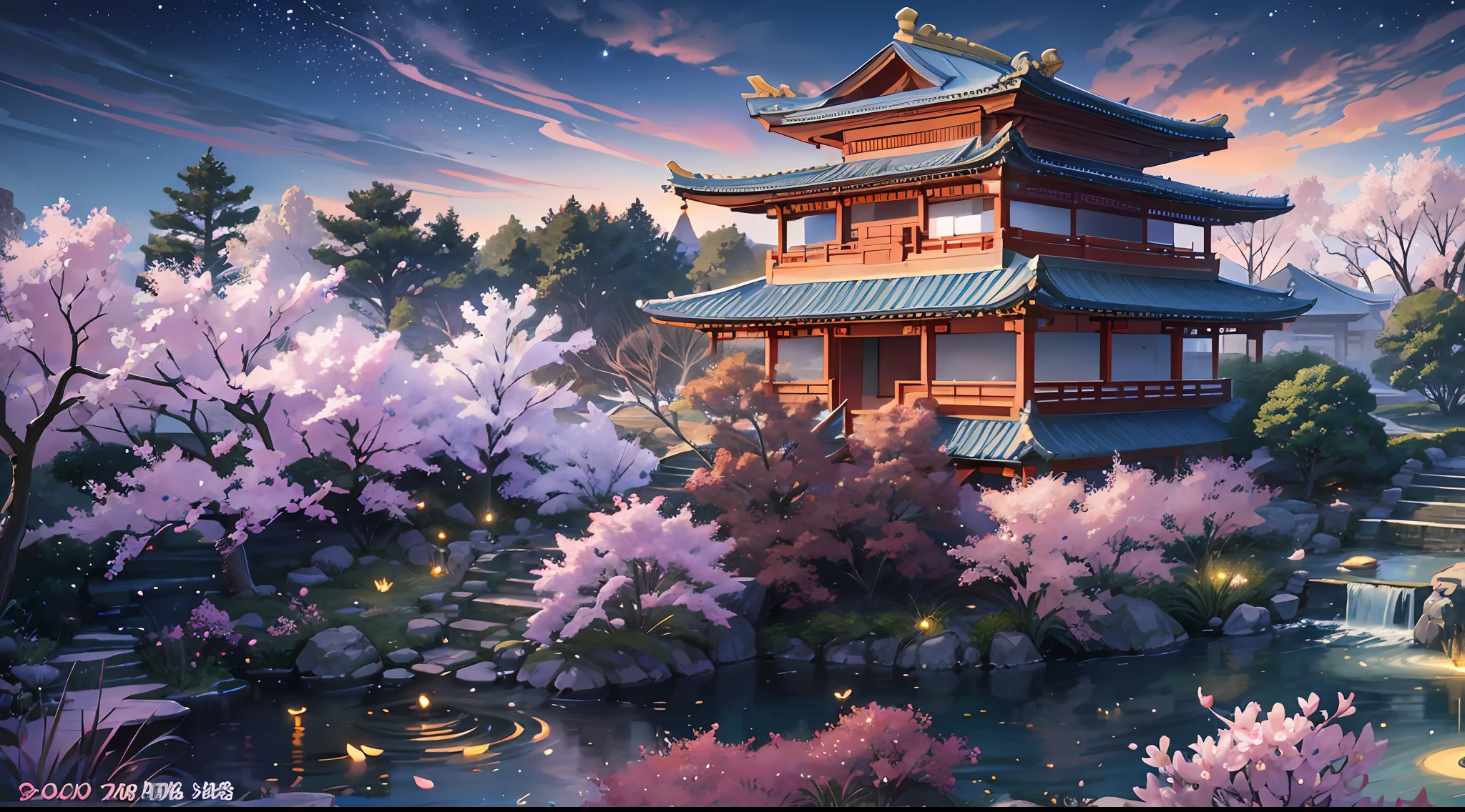 Chinese Garden, Ancient Chinese Architecture, Small Bridge and Flowing Water, Night Starry Sky, Summer Night Sky, Fireflies, Bamboo Forest, Sea of Flowers, Cherry Blossom Trees, Extreme Detail, Realistic Light, Epic Composition, (Intricate Detail), (Intricate Design, Ultra Detail: 1.2), Art Station, (Masterpiece, Best Quality), Ultra HD, 32K --auto --v 6 --s2