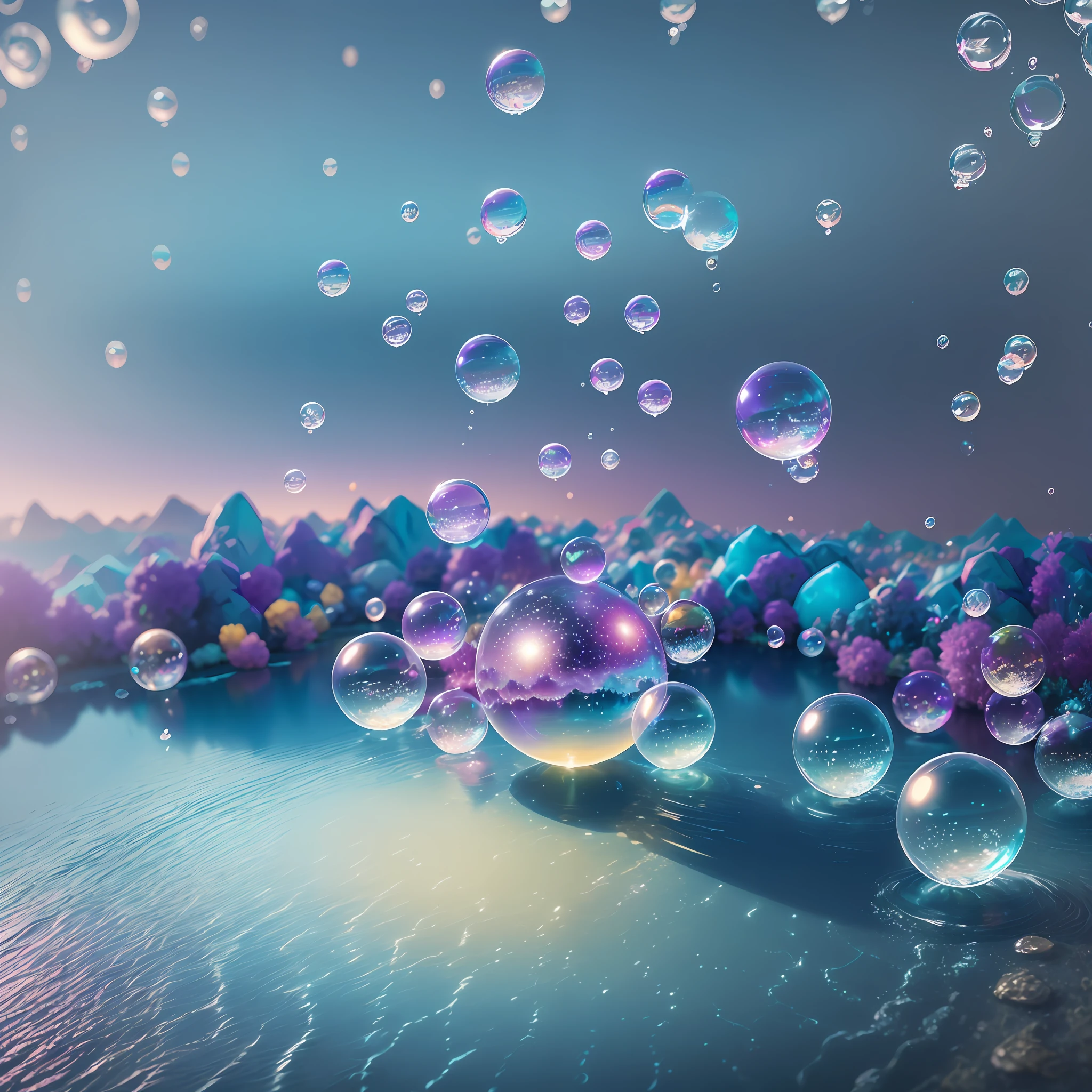 Computer volumetric graphics, realistic fantasy, Extensive landscape ultra photography (general view, which shows soap bubbles, water, circles on water, ice crystals, drops,), blurred background, warm, shade of turquoise background, a little purple, magic --auto --s2