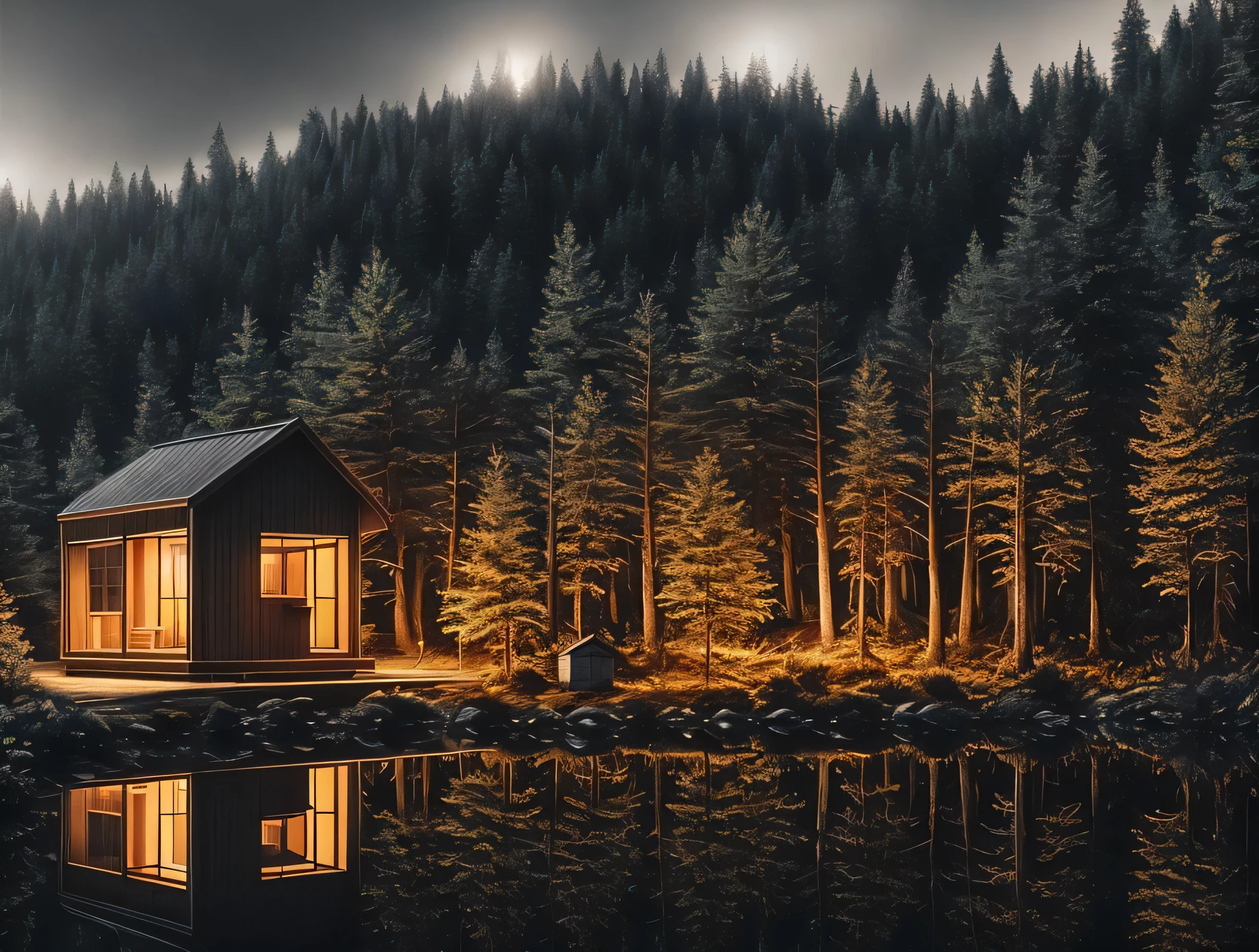 nature, epic building in the center, warm, glow at night, raw, hdr, (tiny little glsass house in the forest, reflections, raytracing:1.3), cinematic, slate grey, dramatic light, architecture