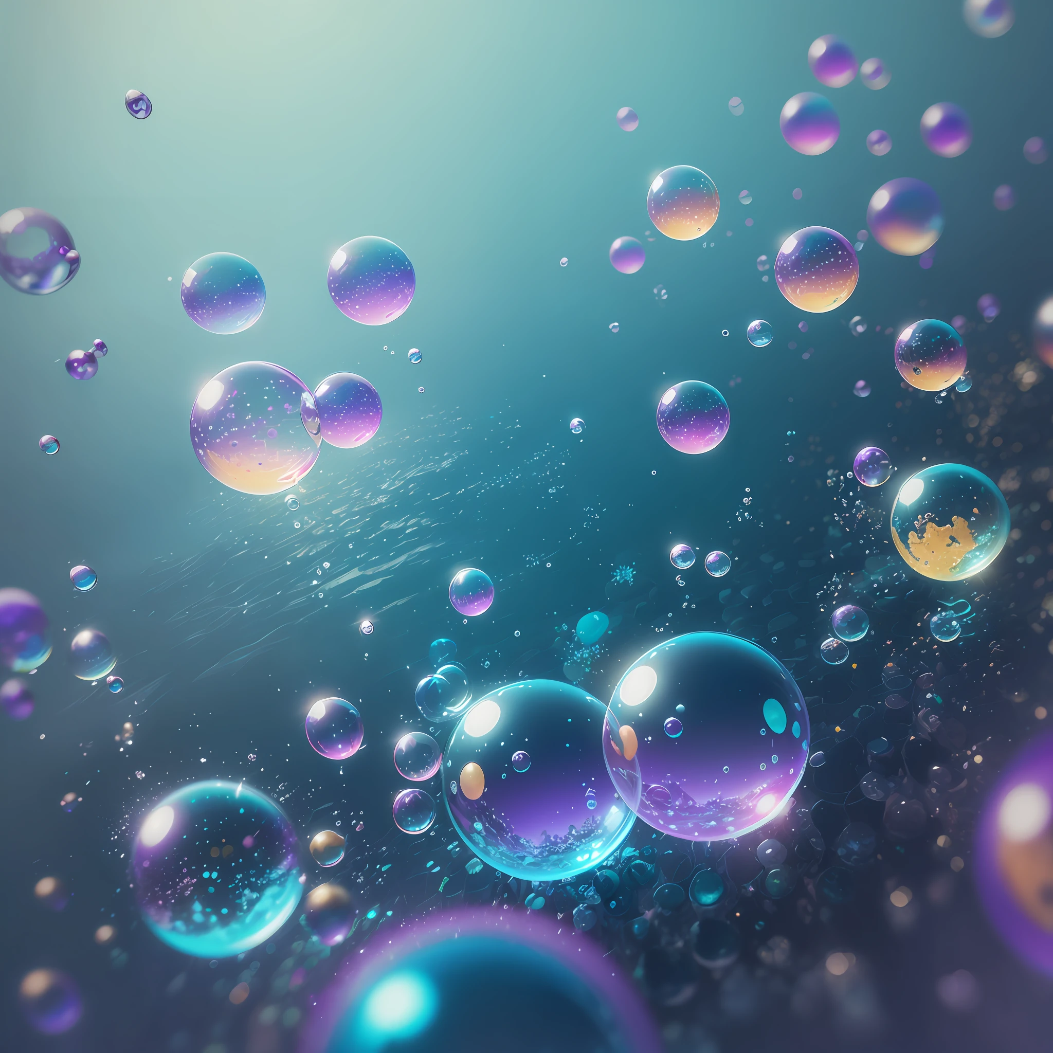 Computer volumetric graphics, realistic fantasy, Extensive landscape ultra photography (general view, which shows soap bubbles, water, circles on water, ice crystals, drops,), blurred background, warm, shade of turquoise background, a little purple, magic --auto --s2