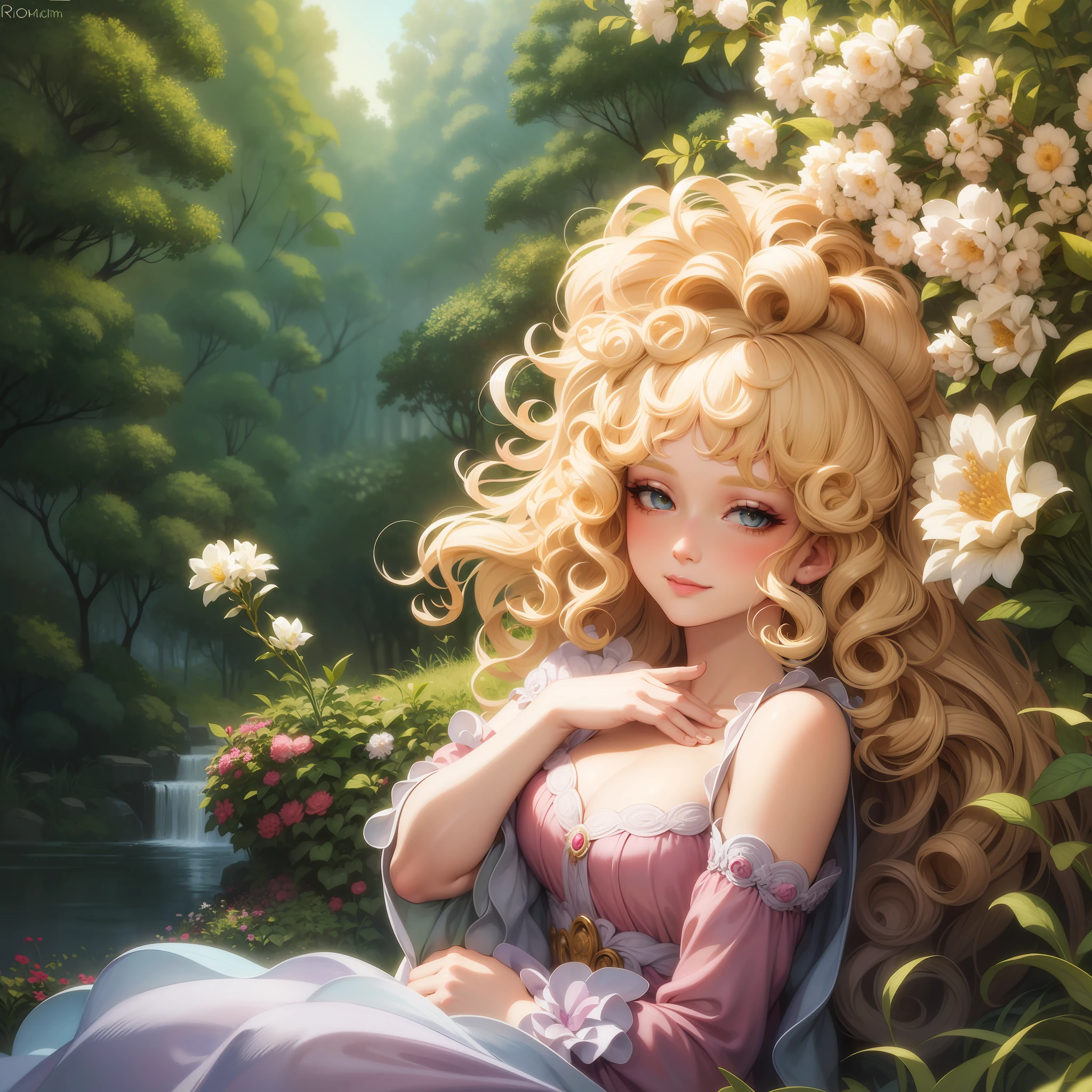 Blonde hair, long curls, makeup, light smile, ear blush, light blush, long eyelashes, feathers, rococo style, tarot style, monet, muka, depth of field, high detail, high quality, 4K