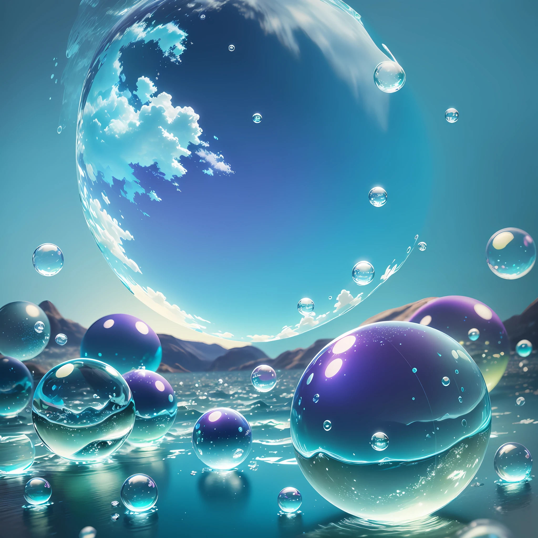 Computer volumetric graphics, realistic fantasy, Extensive landscape ultra photography (general view showing soap bubbles, water, circles on water, ice crystals, drops,), blurred background, warm, shade of turquoise background, shade of blue and green, a little purple, airy color, magic --auto --s2