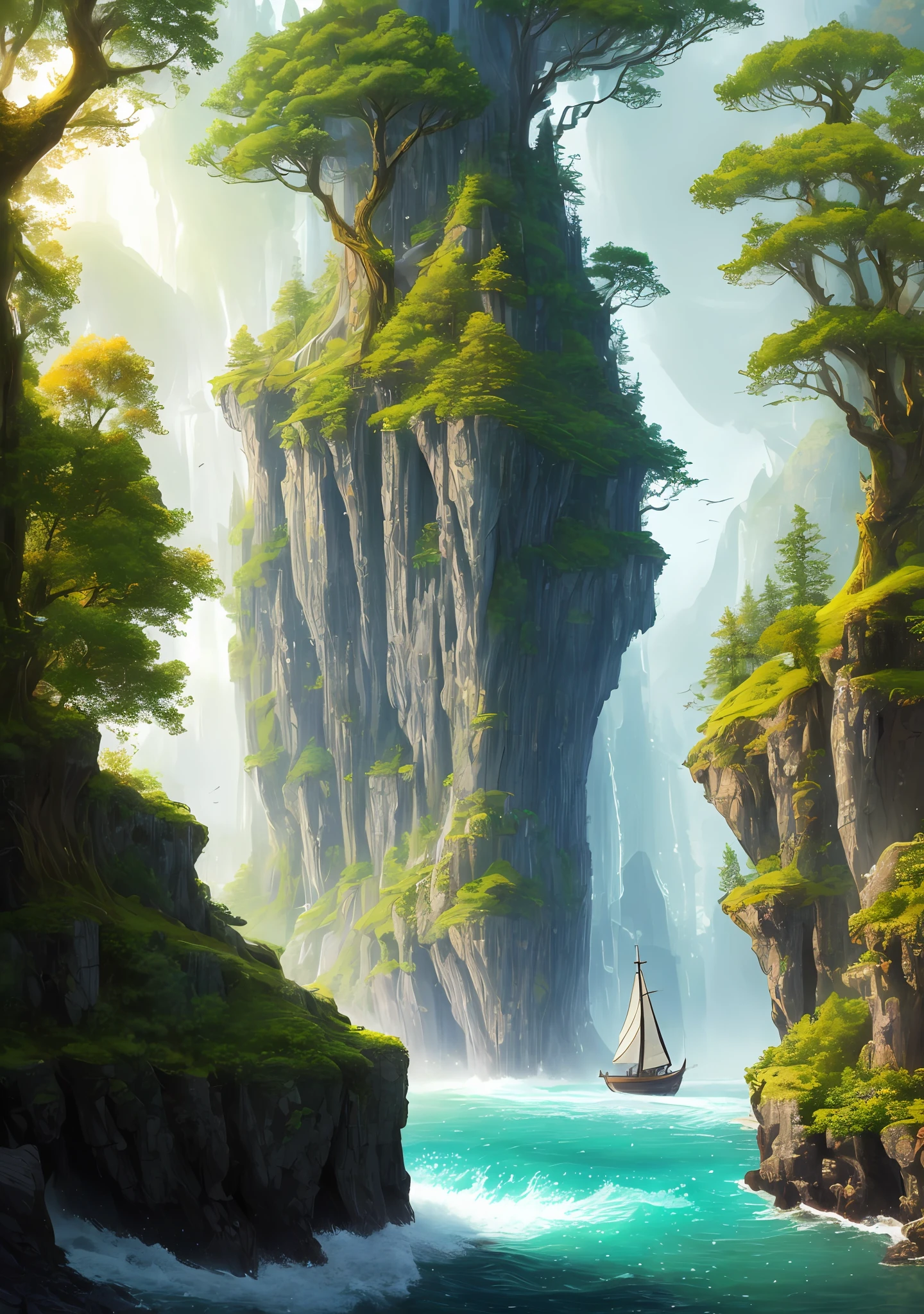 masterpiece, best quality, high quality,extremely detailed CG unity 8k wallpaper, An enchanting and dreamy scene of a sailing boat in fantasy forest, with towering trees, hidden fairy glens, creating a sense of mystique and enchantment, artstation, intricate, trending, award winning photography, Bokeh, Depth of Field, HDR, bloom, Chromatic Aberration ,Photorealistic,extremely detailed, trending on artstation, trending on CGsociety, Intricate, High Detail, dramatic, art by midjourney