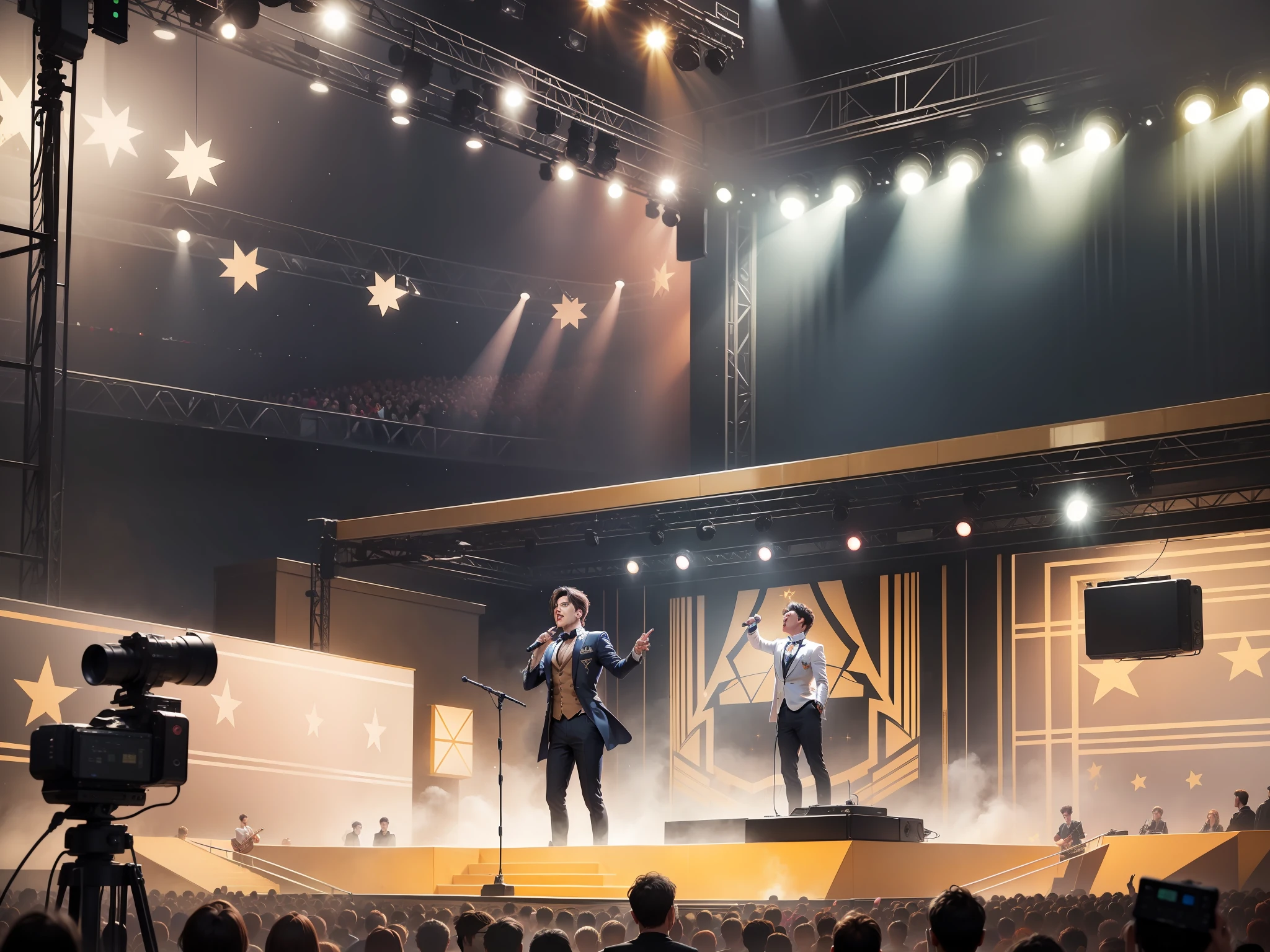 Male star, singing on stage, the scene is warm, there is a screen on the stage
