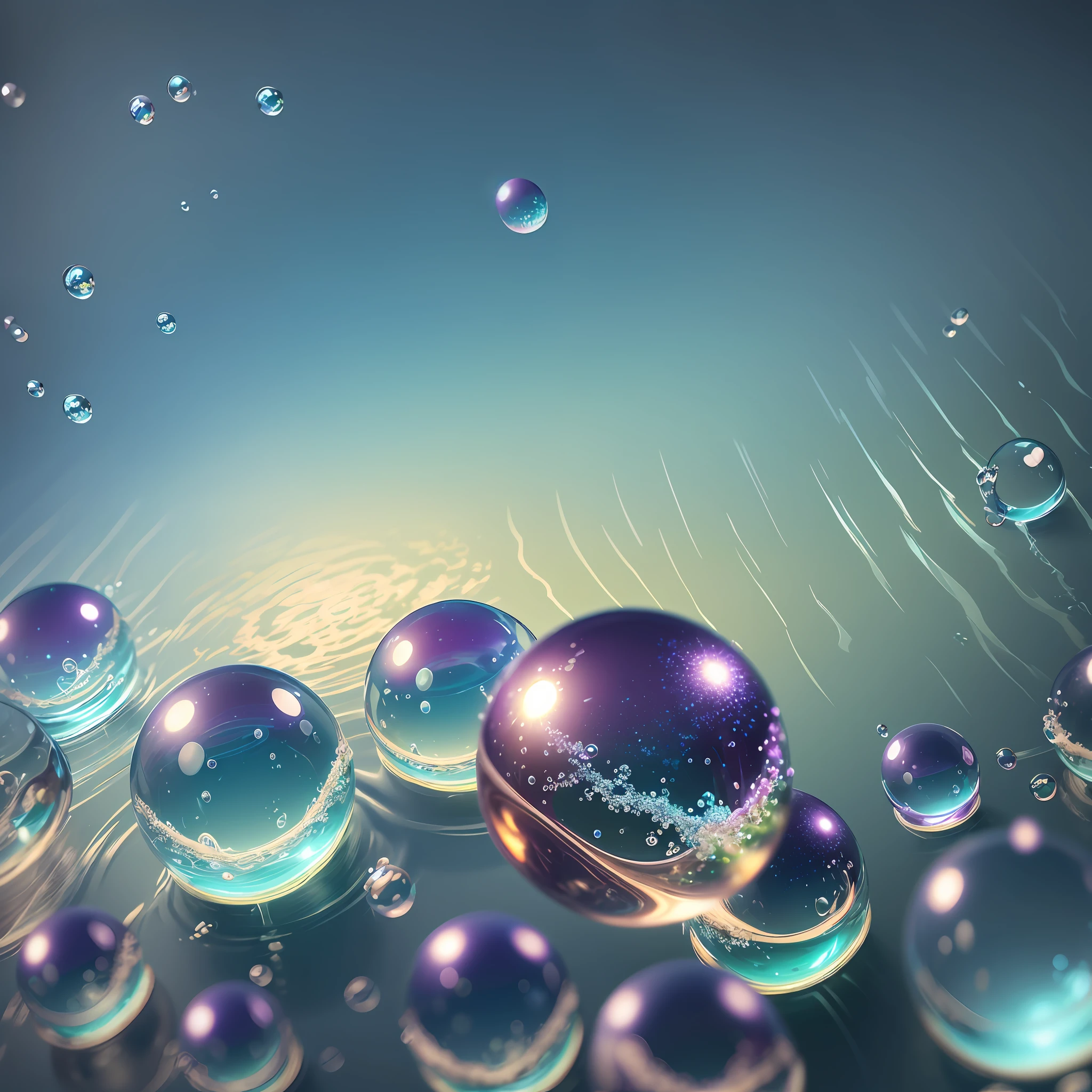 Computer volumetric graphics, realistic fantasy, Extensive landscape ultra photography (general view showing soap bubbles, water, circles on water, ice crystals, drops,), blurred background, warm, shade of turquoise background, shade of blue and green, a little purple, airy color, magic --auto --s2