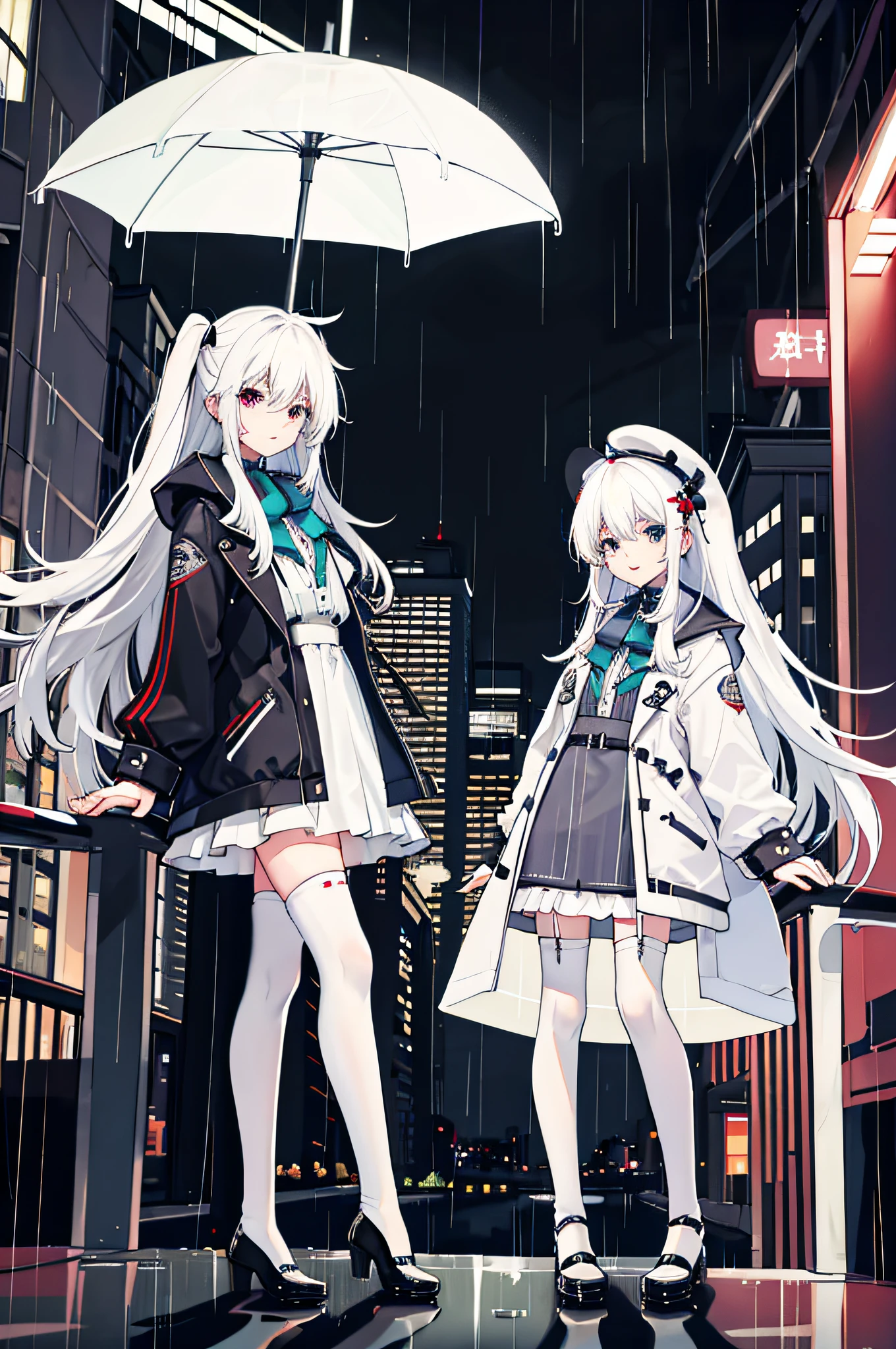 ,twins,white hair,stockings,mature female,rain,night city