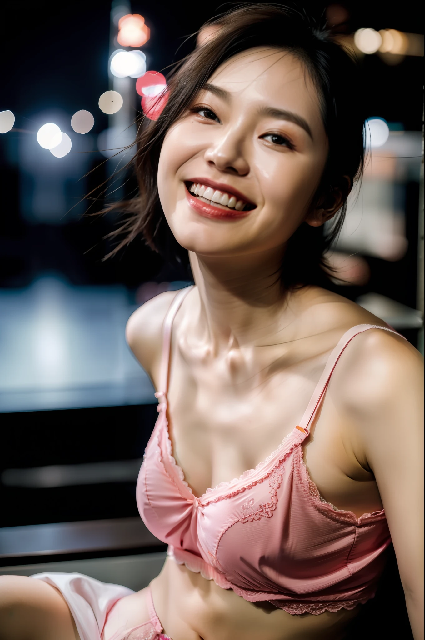 1girl, idol, model, depth of field, photo, movie, face, skinny, laugh, collarbone, teeth, movie, camisole vest, selfie, night, lingerie
