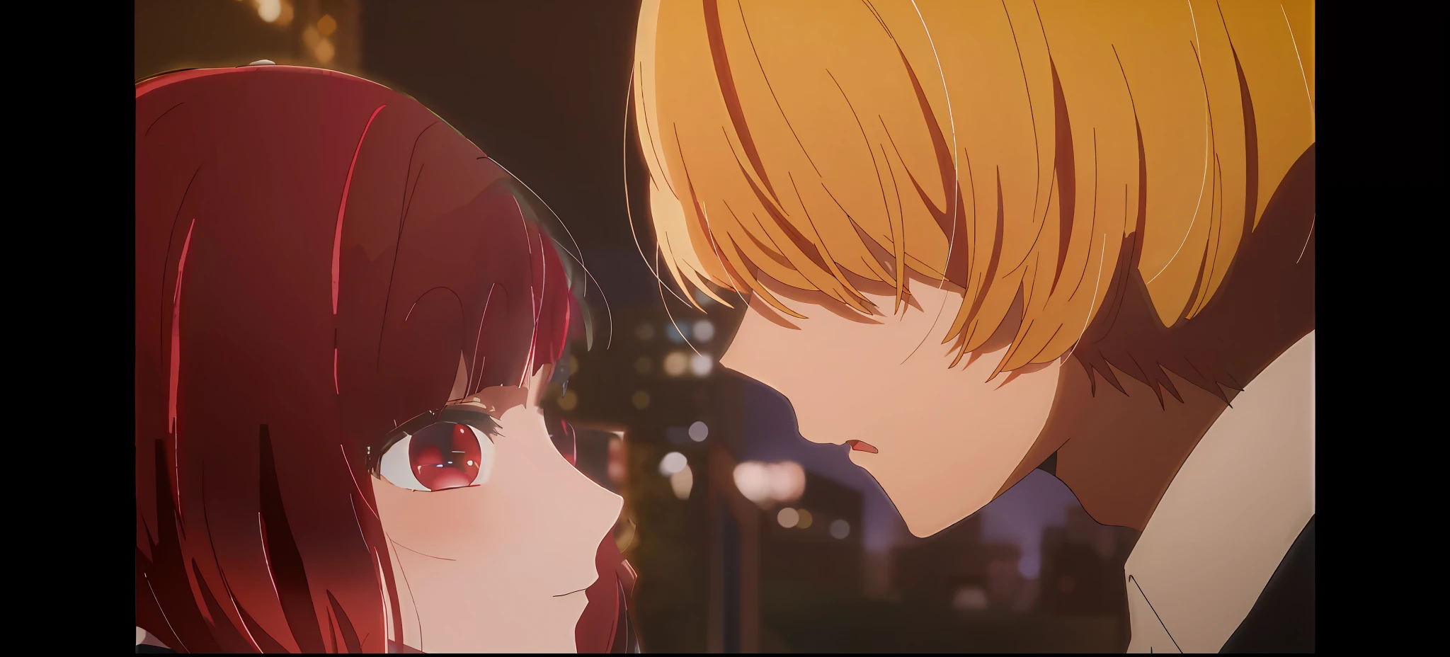 Arima Kana, (red hair, red eyes: 1.2), anime image of couple standing next to each other, featured anime stills of the day, anime stills,, kyoto animation stills, anime movie stills, anime stills, girl romance, kissing scene, blush, profile, two people staring at each other,
