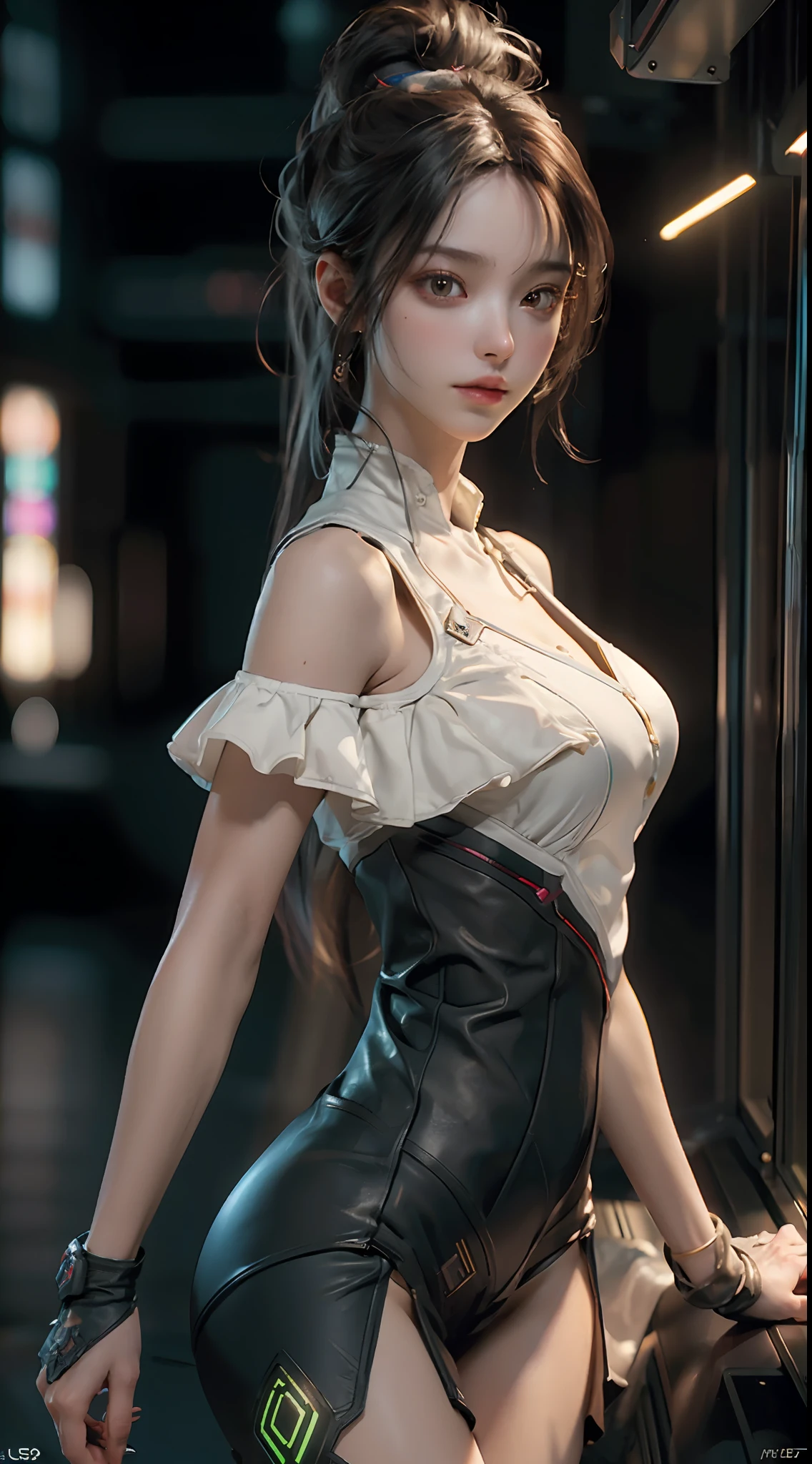 ((Best quality)), ((masterpiece)), (detailed:1.4), 3D, an image of a beautiful cyberpunk female,HDR (High Dynamic Range),Ray Tracing,NVIDIA RTX,Super-Resolution,Unreal 5,Subsurface scattering,PBR Texturing,Post-processing,Anisotropic Filtering,Depth-of-field,Maximum clarity and sharpness,Multi-layered textures,Albedo and Specular maps,Surface shading,Accurate simulation of light-material interaction,Perfect proportions,Octane Render,Two-tone lighting,Wide aperture,Low ISO,White balance,Rule of thirds,8K RAW,