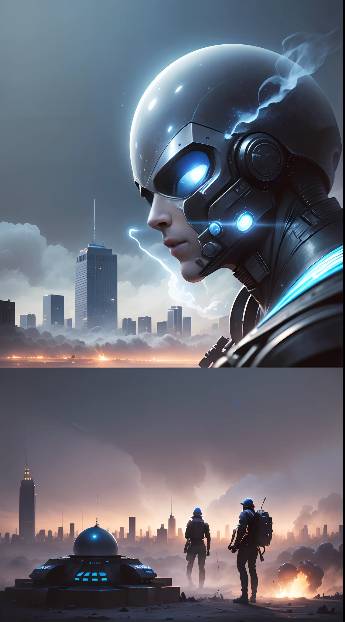 /imagine prompt: [Illustration storyboard] comic page, multiple images on one page: alien spaceship landing on Earth (far view), smoke and dust in the city (medium view), a group of people with weapons, fighting alien creatures (close-up) [multi-camera continuous shooting] cobalt blue and reflective silver, film P30, unequal slash composition, in David Arno Schwaiger style
