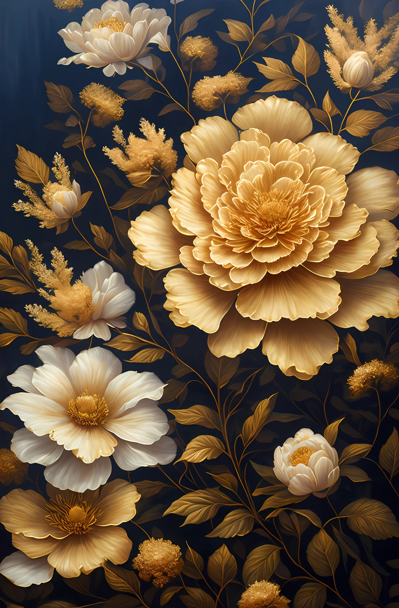 There is a painting of flowers, there are gold and silver leaves, gold flowers, golden peony flowers, golden roses, flowers and gold, (gilded relief: 1.5), detailed flowers, gorgeous flowers, golden flaky flowers, intricate flowers, chaotic gold leaf flowers, detailed 4K oil painting, stunning and rich details, gilded. Floral, floral. Baroque elements, intricate oil paintings