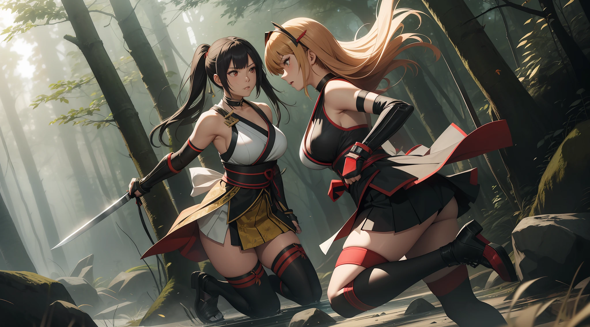 Full body shot of two female character from Dead or Alive game. Kasumi versus Ayame, fighting in a fierce duel death match with weapon short swords, with serious expression. Kasumi looking to Ayane, and Ayane looking to Kasumi. They have long loose hairstyle. They are wearing different color of traditional sleeveless kimono, with a floral print skirt, an obi tied on back hip, a pair of 100% black thigh highs, black shoes, a pair of thin long black elbow gloves, hand guards, and a choker. Background set in a dark forest.