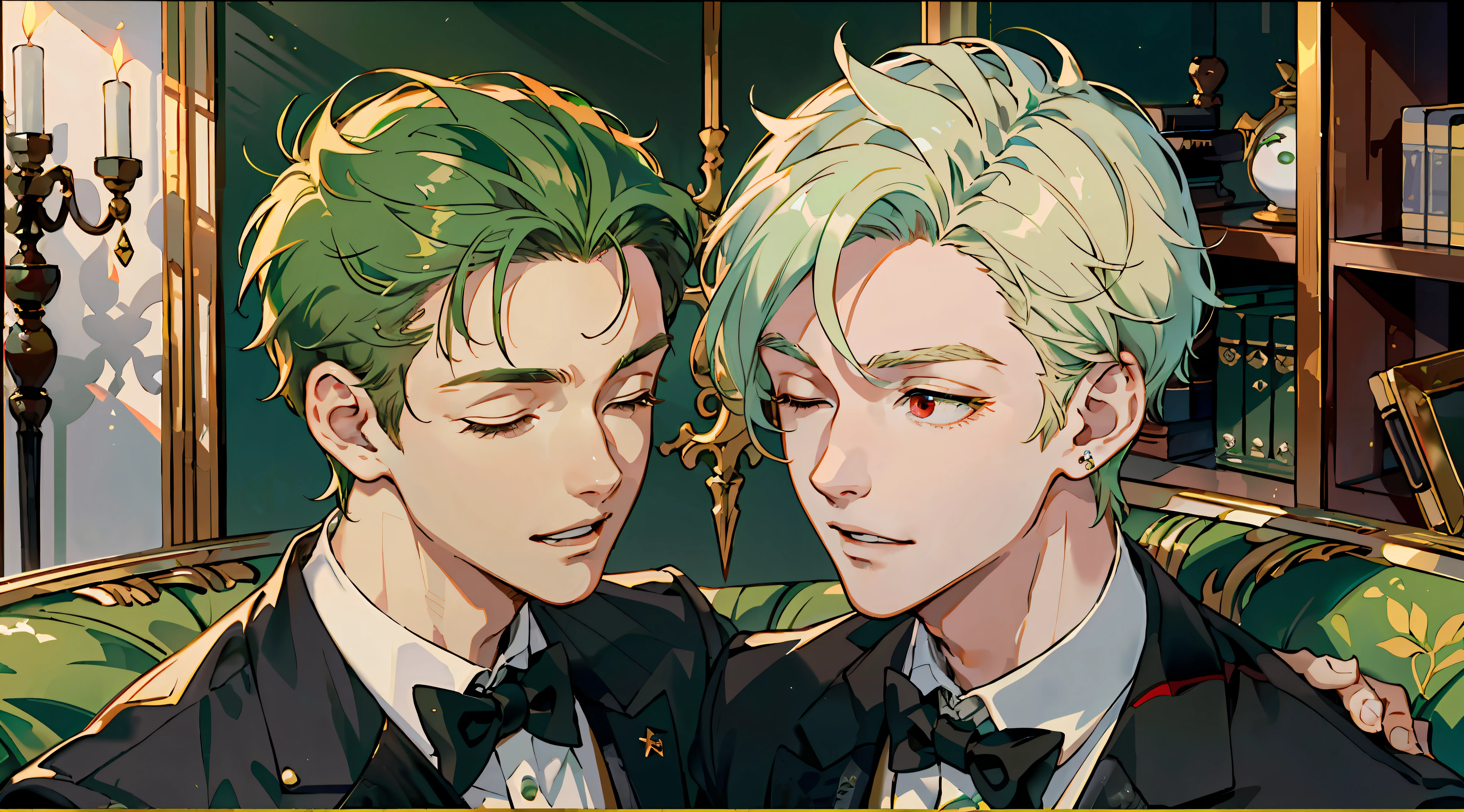 (masterpiece: 1.4, top quality), two young men facing each other, (cute young man and white tuxedo with green hair and big eyes: 1.2), (cool young man with very short blonde hair and red eyes: 1.2), wearing a ring, smiling with closed eyes