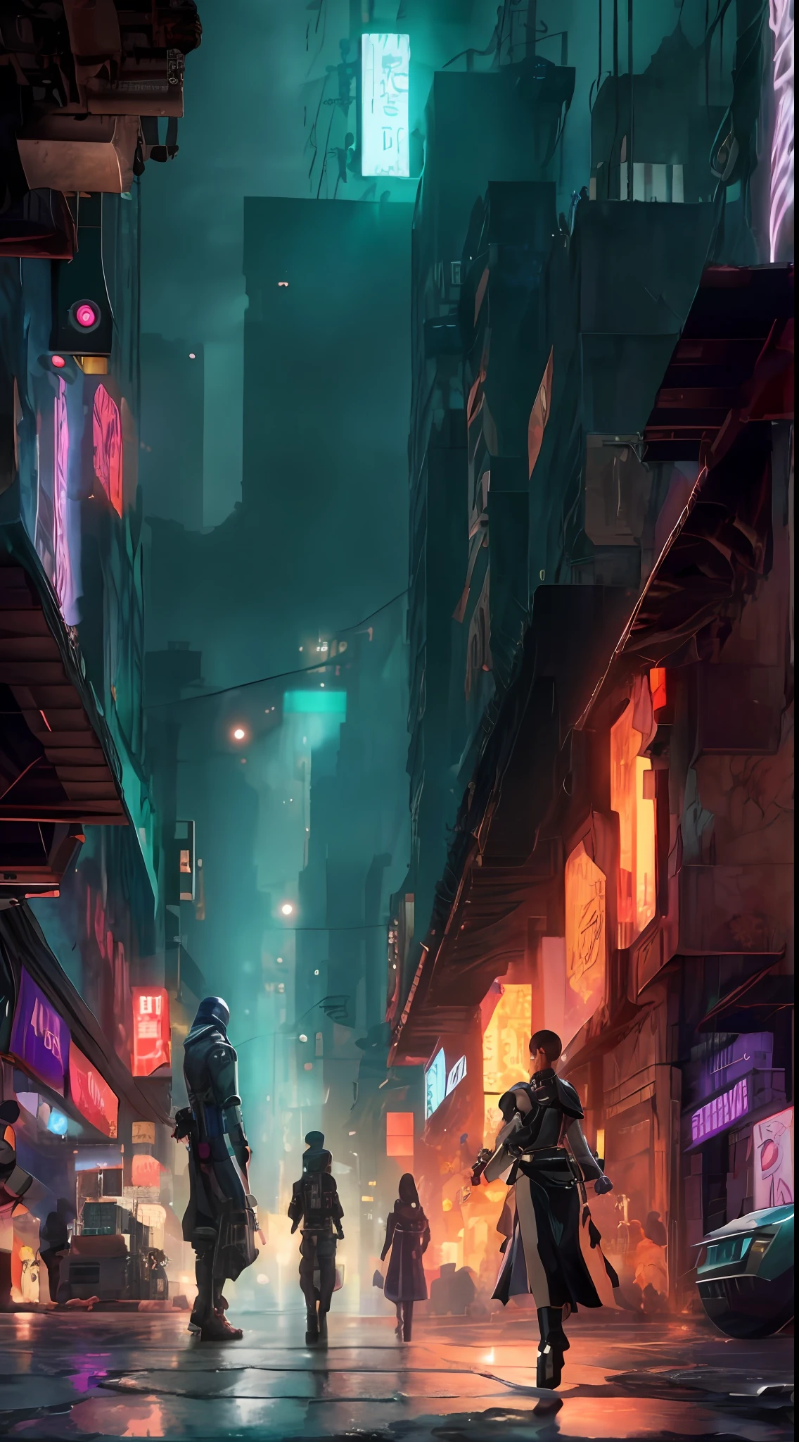 arafed image of a group of people walking down a street at night, cyberpunk city street, cyberpunk night street, cyberpunk blade runner art, stylized urban fantasy artwork, cyberpunk streets at night, cyberpunk street, cyberpunk street at night, in cyberpunk city, cyberpunk apocalyptic city, sci-fi cyberpunk city street, cyberpunk city street background, night cyberpunk city, busy cyberpunk metropolis